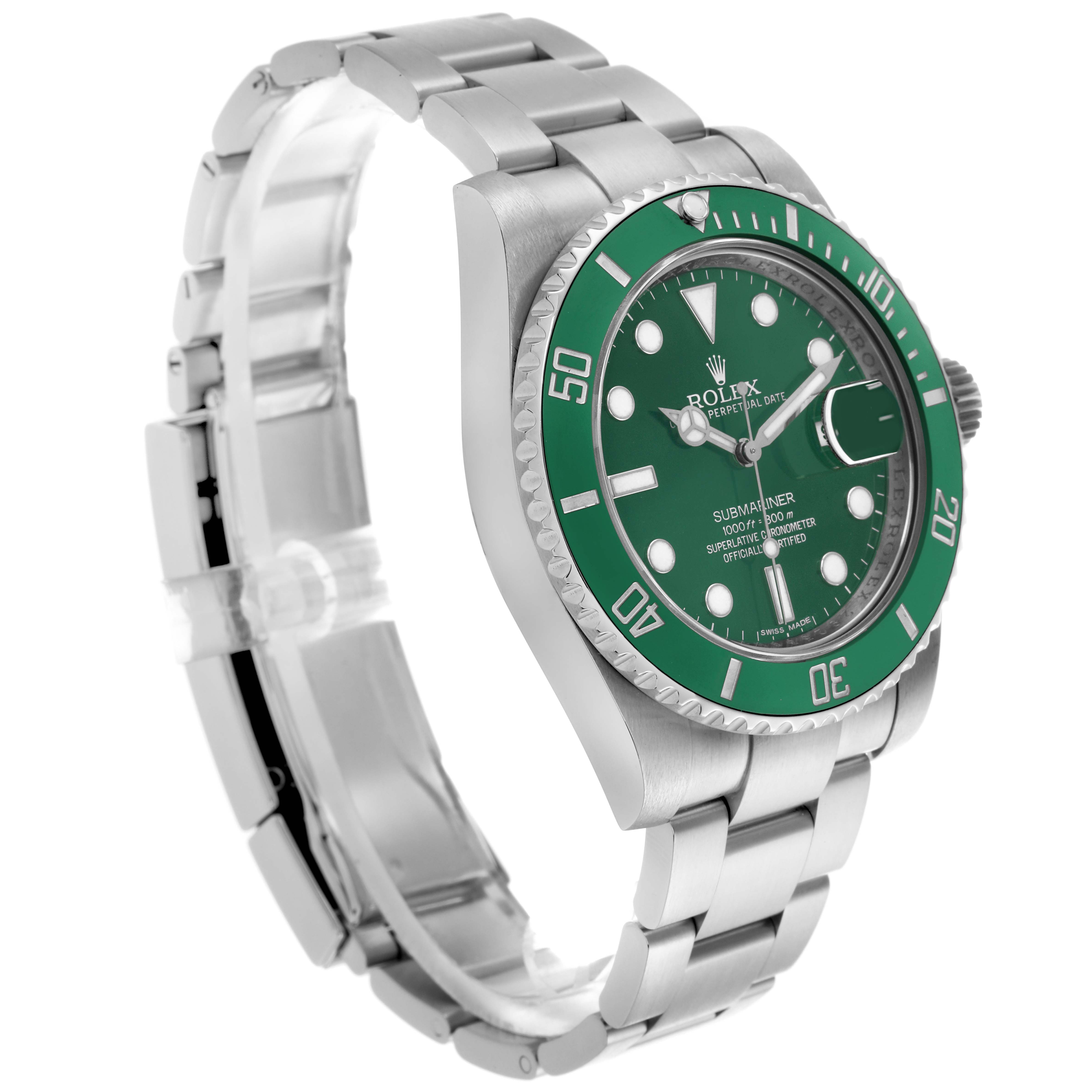The Rolex Submariner 116610LV Men's Stainless Steel Green Dial 116610LV Men's Stainless Steel Green Dial is shown at a three-quarter angle, highlighting the green bezel, dial, and stainless steel bracelet.