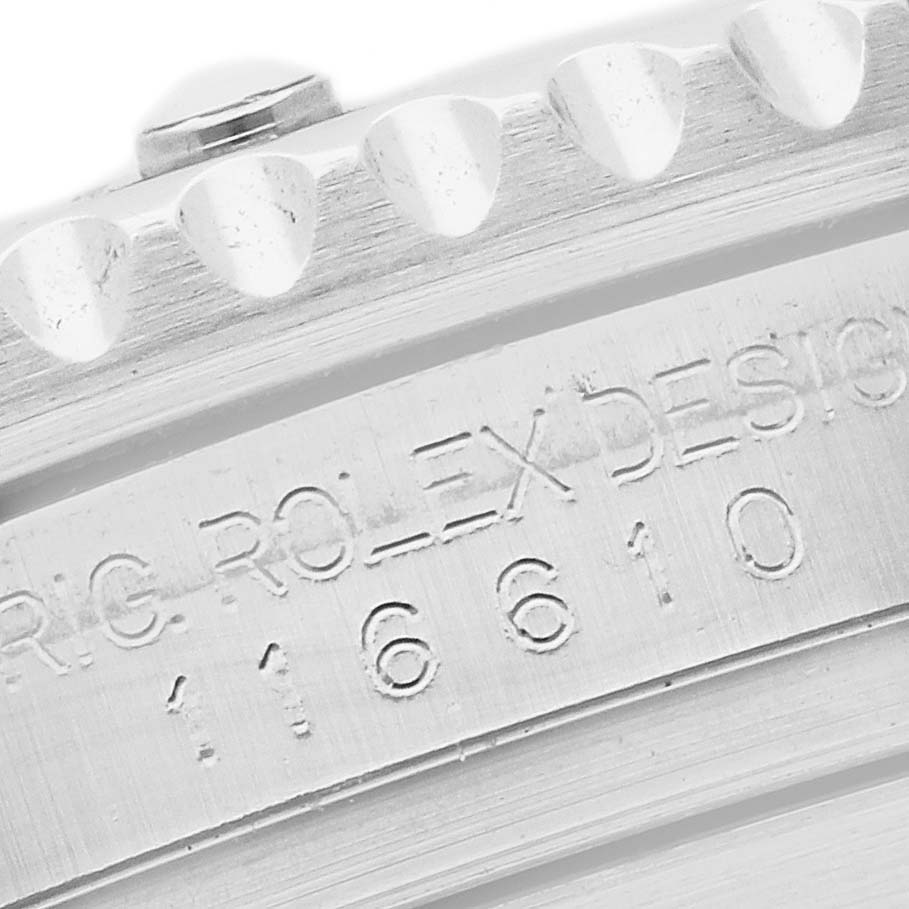 The image shows a close-up of the side case and bezel of a Rolex Submariner 116610LV Men's Stainless Steel Green Dial 116610LV Men's Stainless Steel Green Dial, featuring the model number and design engravings.