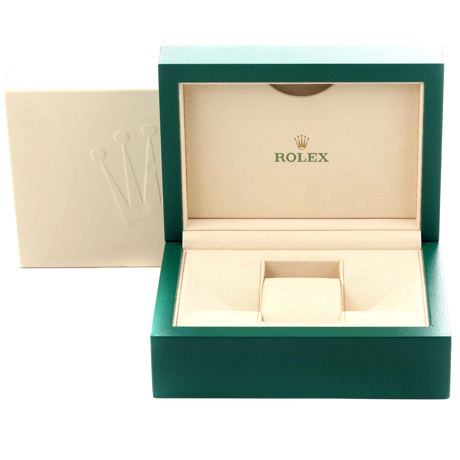 The image shows an open Rolex Submariner 116610LV Men's Stainless Steel Green Dial 116610LV Men's Stainless Steel Green Dial watch box at a straight-on angle, displaying the interior and logo.