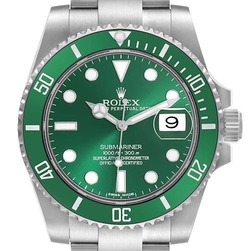 The Rolex Submariner watch is shown from a front angle highlighting its green bezel, dial, and date window.