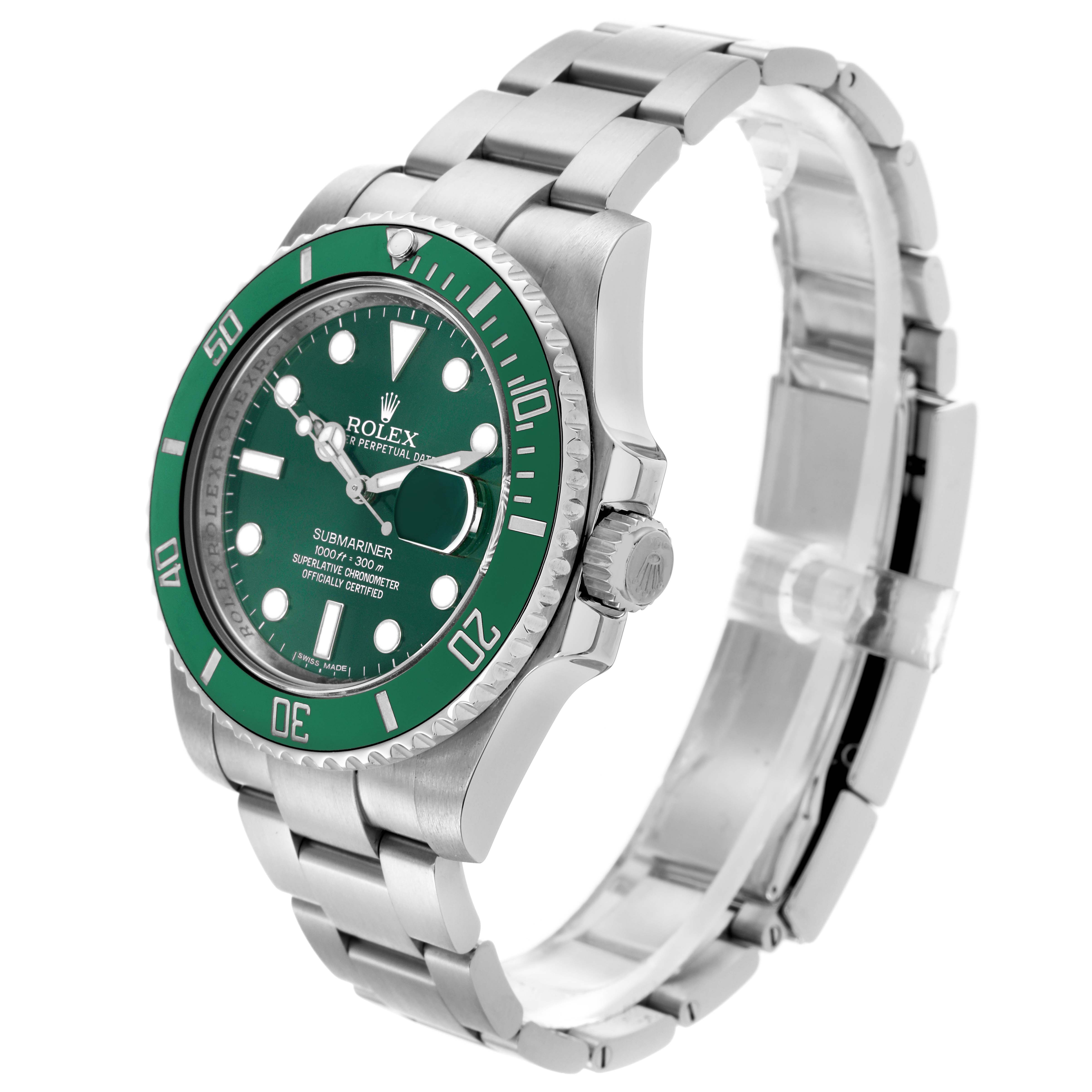 The image shows a Rolex Submariner 116610LV Men's Stainless Steel Green Dial 116610LV Men's Stainless Steel Green Dial from a side angle showcasing the green dial, bezel, case, crown, and bracelet.
