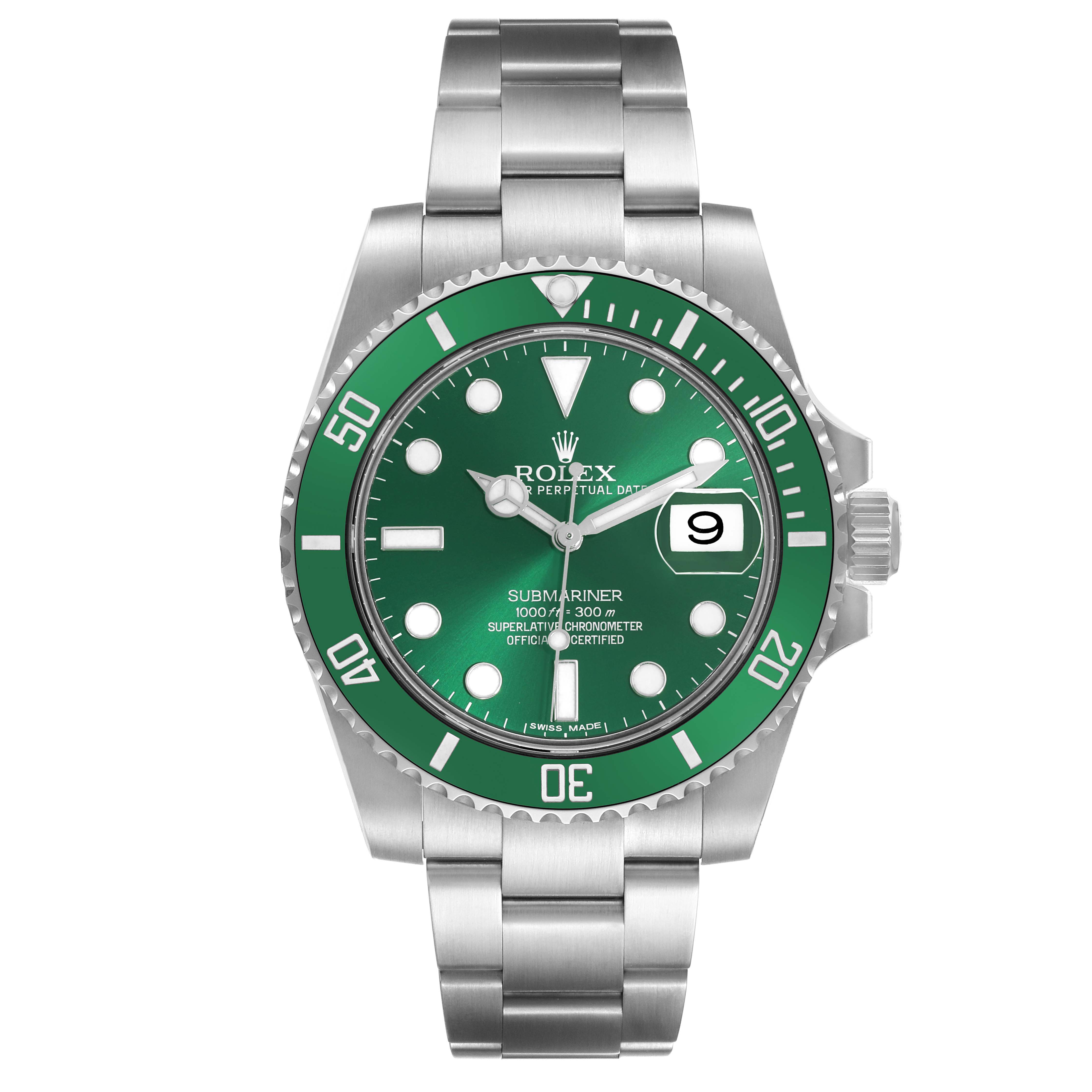 The Rolex Submariner 116610LV Men's Stainless Steel Green Dial 116610LV Men's Stainless Steel Green Dial watch is shown from the front, detailing the green dial, bezel, and stainless steel bracelet.
