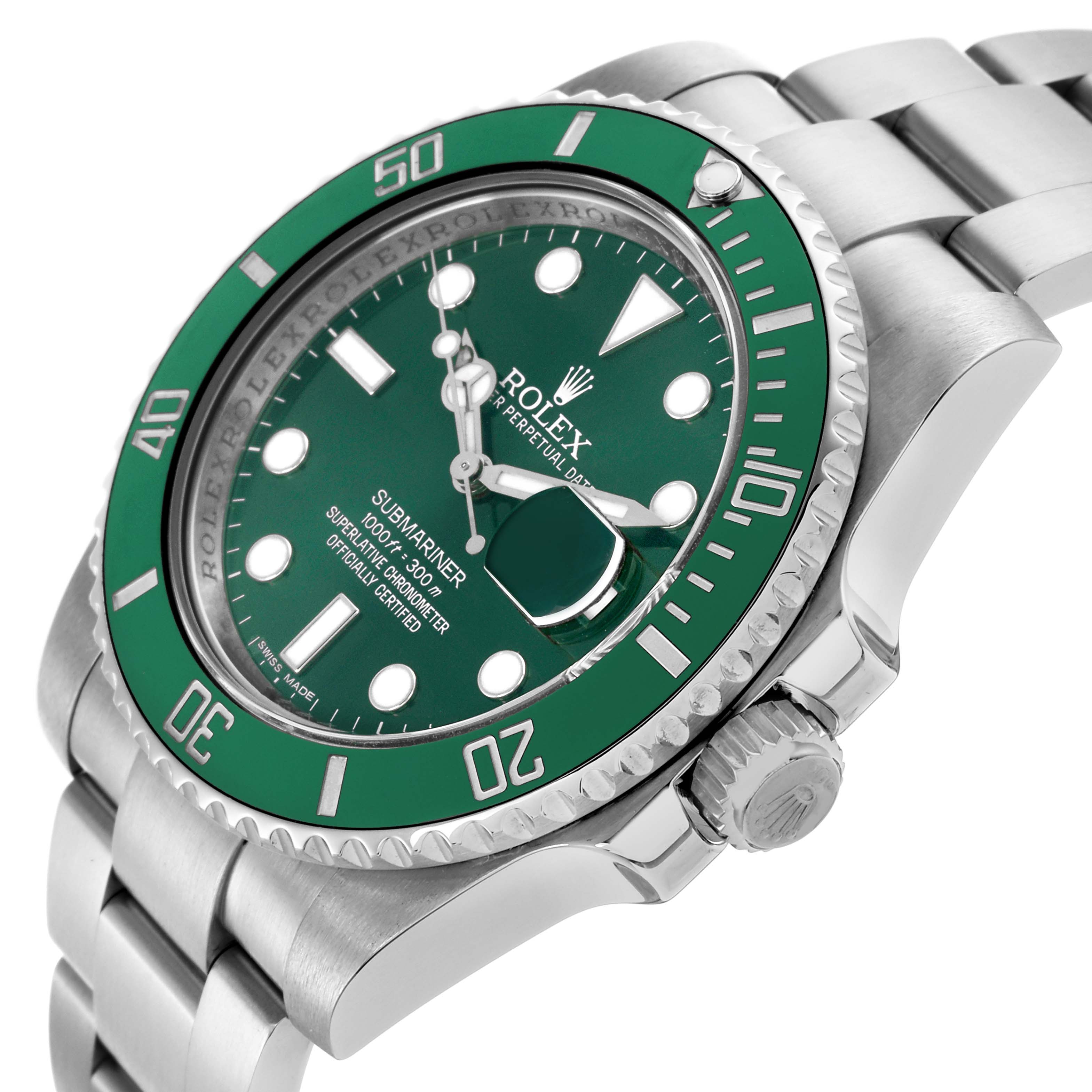 The Rolex Submariner 116610LV Men's Stainless Steel Green Dial 116610LV Men's Stainless Steel Green Dial watch is shown from an angled side view, highlighting the green bezel, dial, and part of the metallic bracelet.