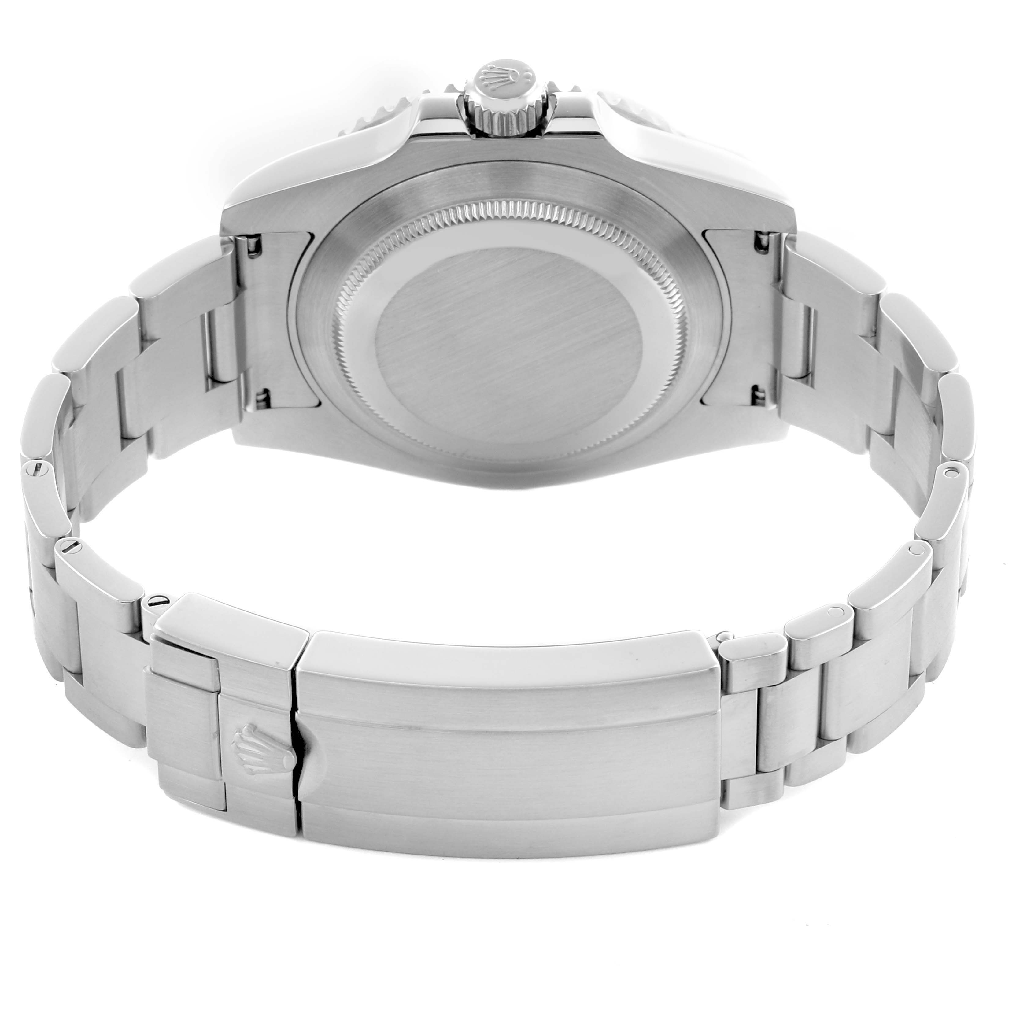 The image shows the back of the Rolex Submariner 116610LV Men's Stainless Steel Green Dial 116610LV Men's Stainless Steel Green Dial watch, highlighting the case back and the bracelet with clasp.