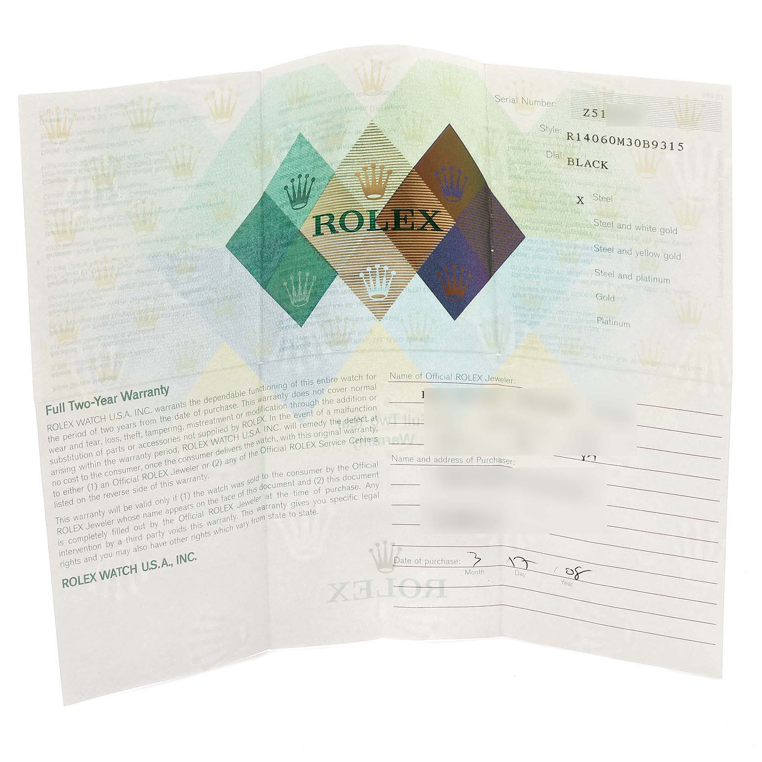 The image shows a warranty card for a Rolex Submariner 14060M Men's Stainless Steel Black Dial 14060M Men's Stainless Steel Black Dial.