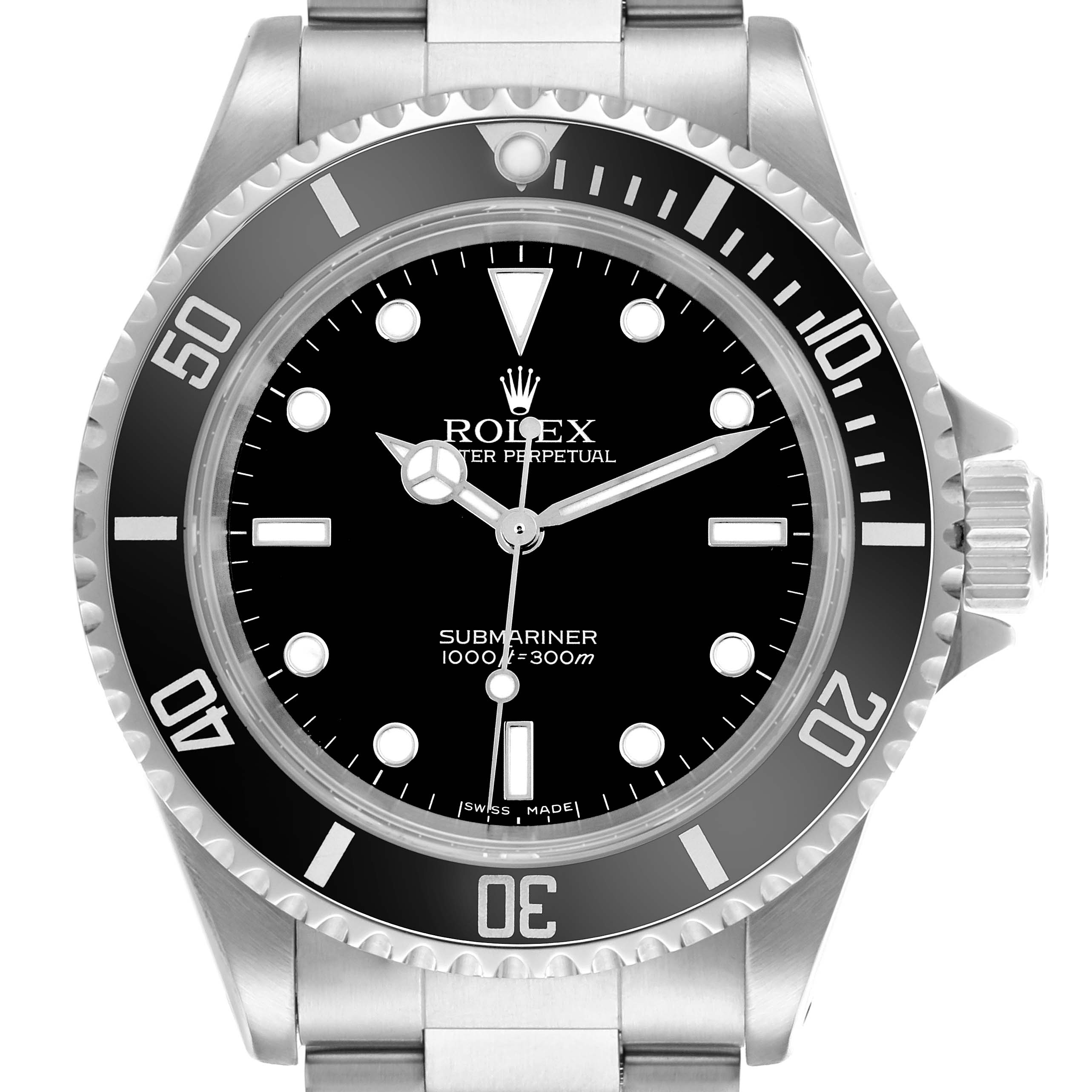 The Rolex Submariner 14060M Men's Stainless Steel Black Dial 14060M Men's Stainless Steel Black Dial watch is shown from the front, highlighting the dial, bezel, and part of the bracelet.