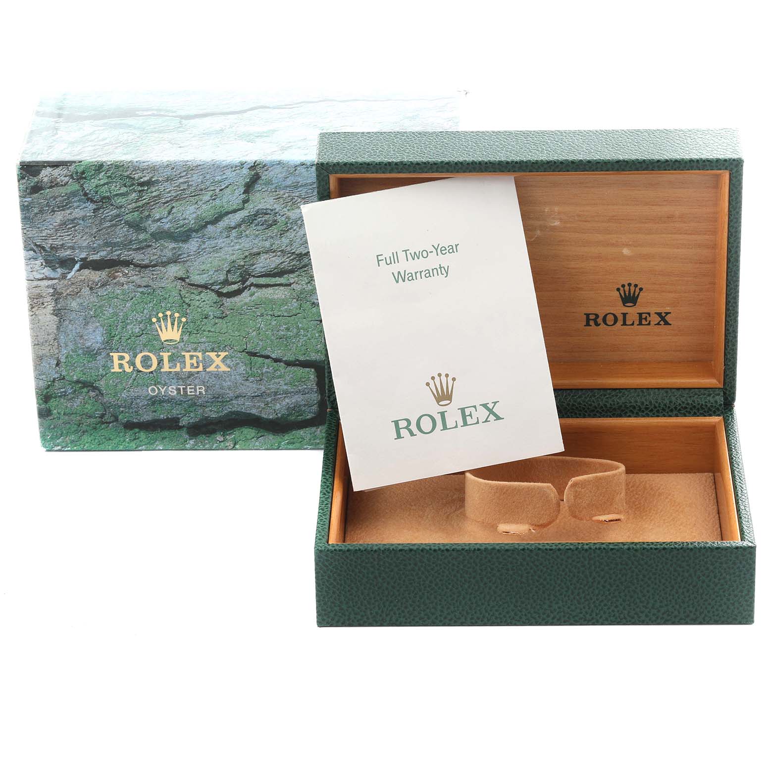 This image shows the open packaging of a Rolex Submariner 14060M Men's Stainless Steel Black Dial 14060M Men's Stainless Steel Black Dial, including the box, warranty card, and interior cushioning.