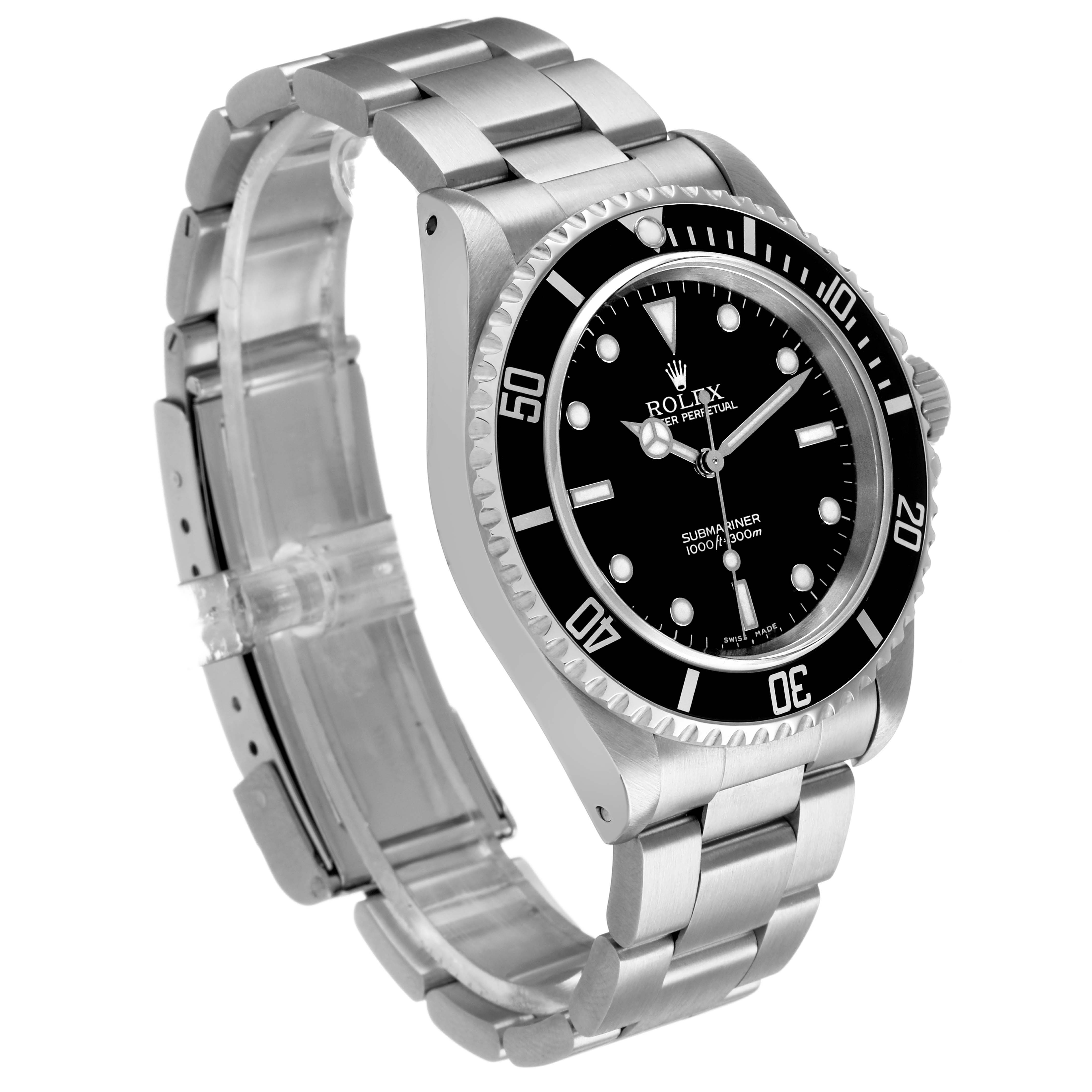 The image shows a side angle of the Rolex Submariner 14060 Men's Stainless Steel Black Dial, highlighting its bezel, dial, and metal bracelet.