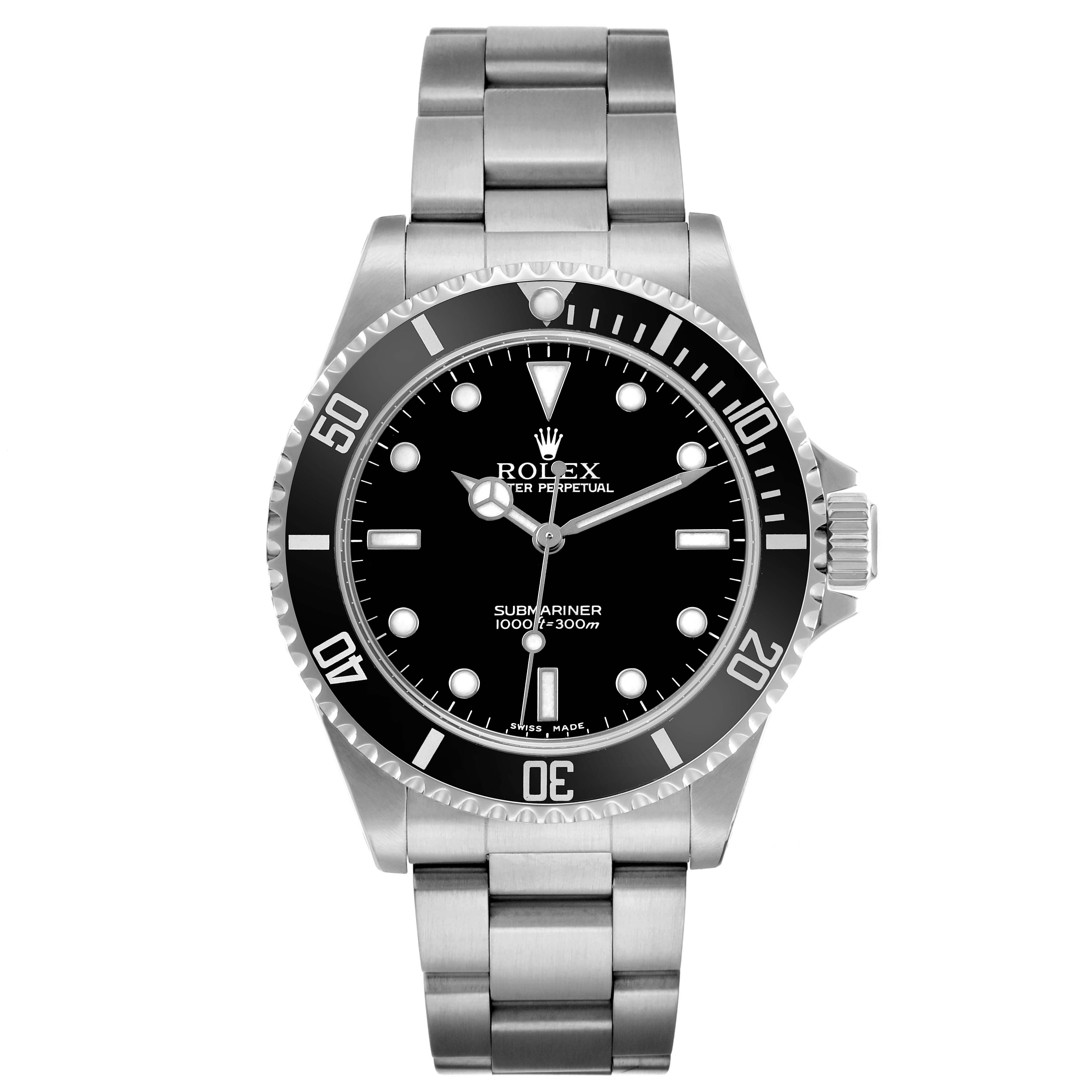 The image displays a front view of the Rolex Submariner 14060 Men's Stainless Steel Black Dial watch, showing the dial, bezel, and stainless steel bracelet.