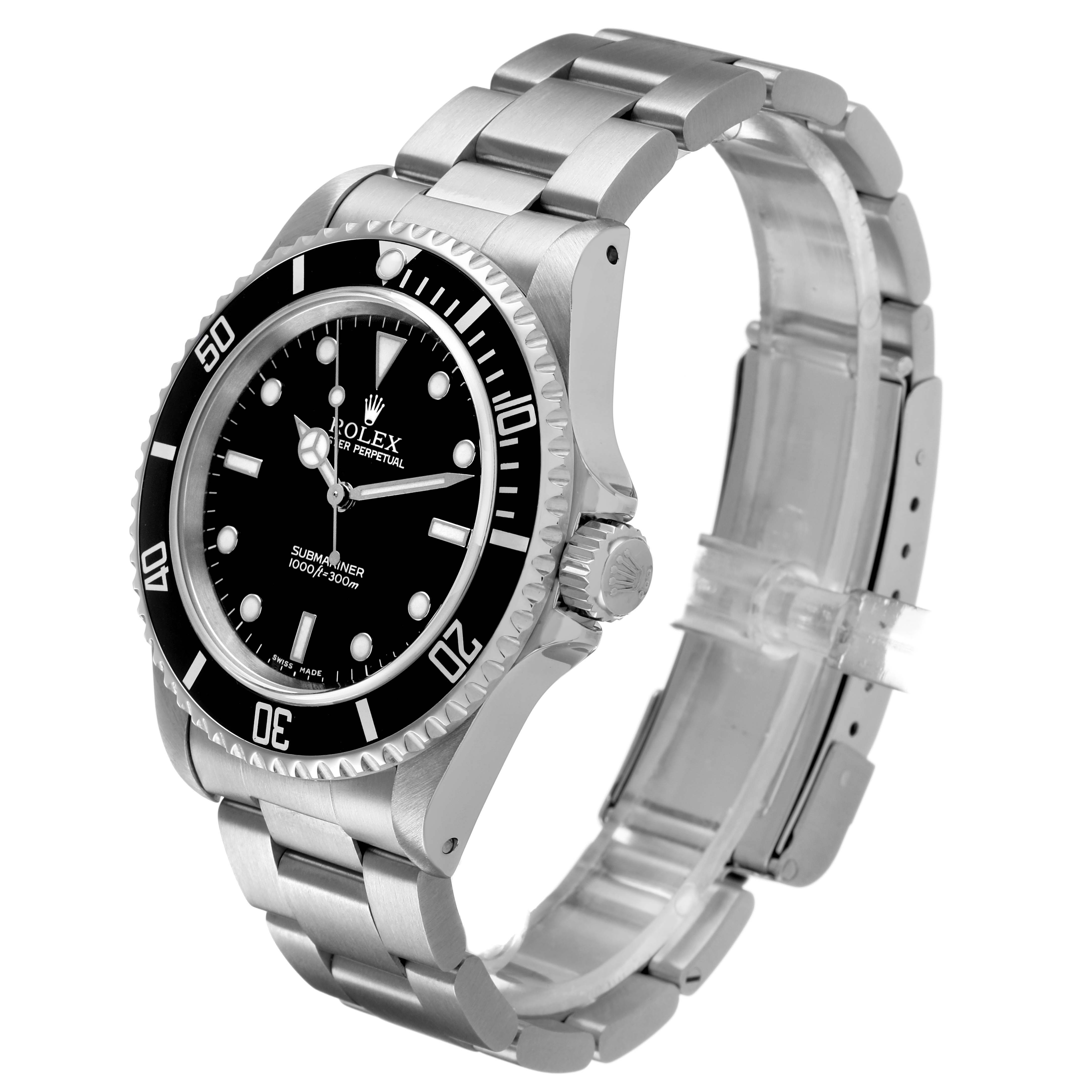 The Rolex Submariner 14060 Men's Stainless Steel Black Dial watch is shown at a three-quarter angle, highlighting the face, bezel, crown, and bracelet.