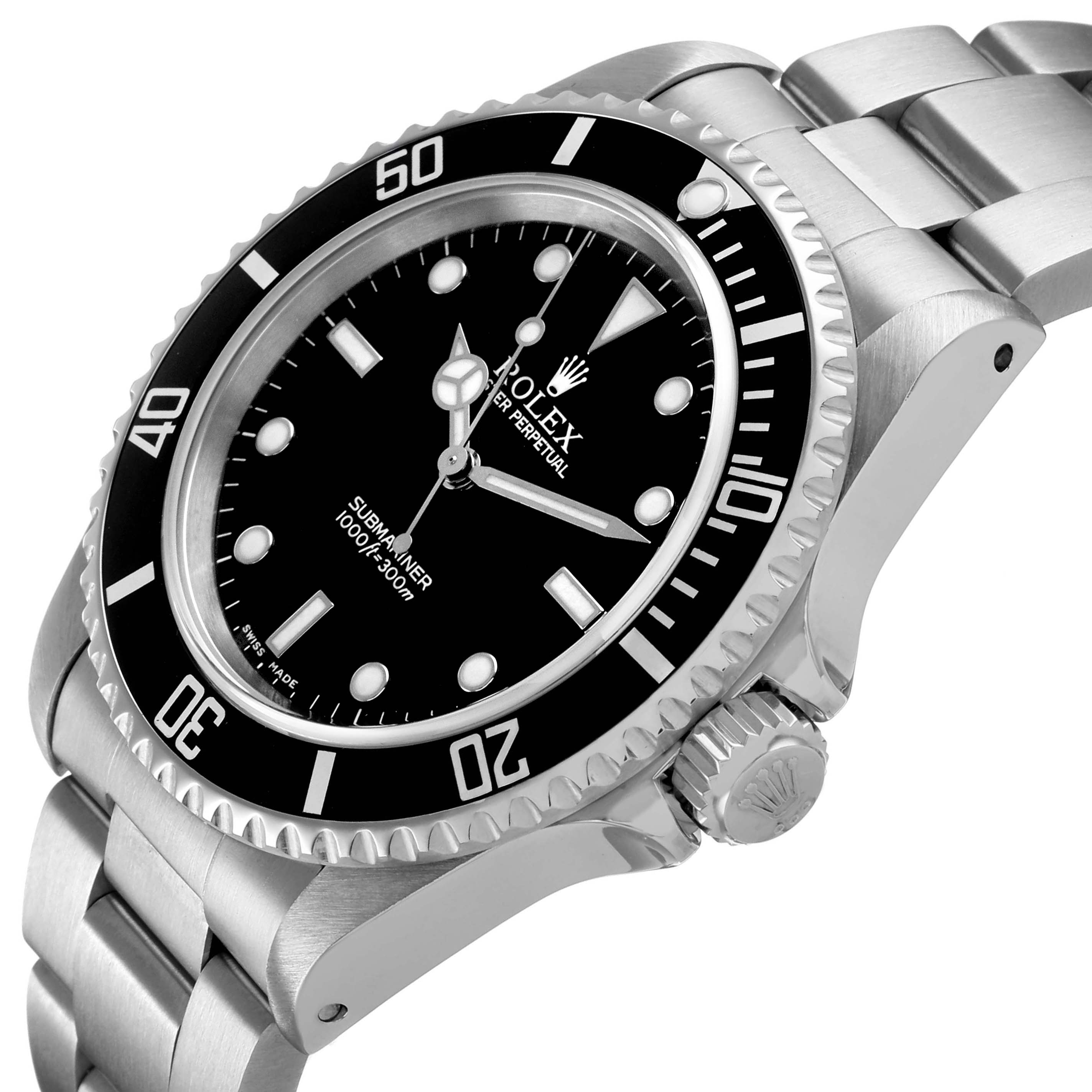 The Rolex Submariner 14060 Men's Stainless Steel Black Dial is shown from a three-quarter angle, highlighting the bezel, dial, and part of the bracelet.