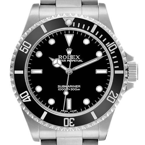The Rolex Submariner 14060 Men's Stainless Steel Black Dial watch is shown from a front angle, highlighting the dial, bezel, and part of the bracelet.