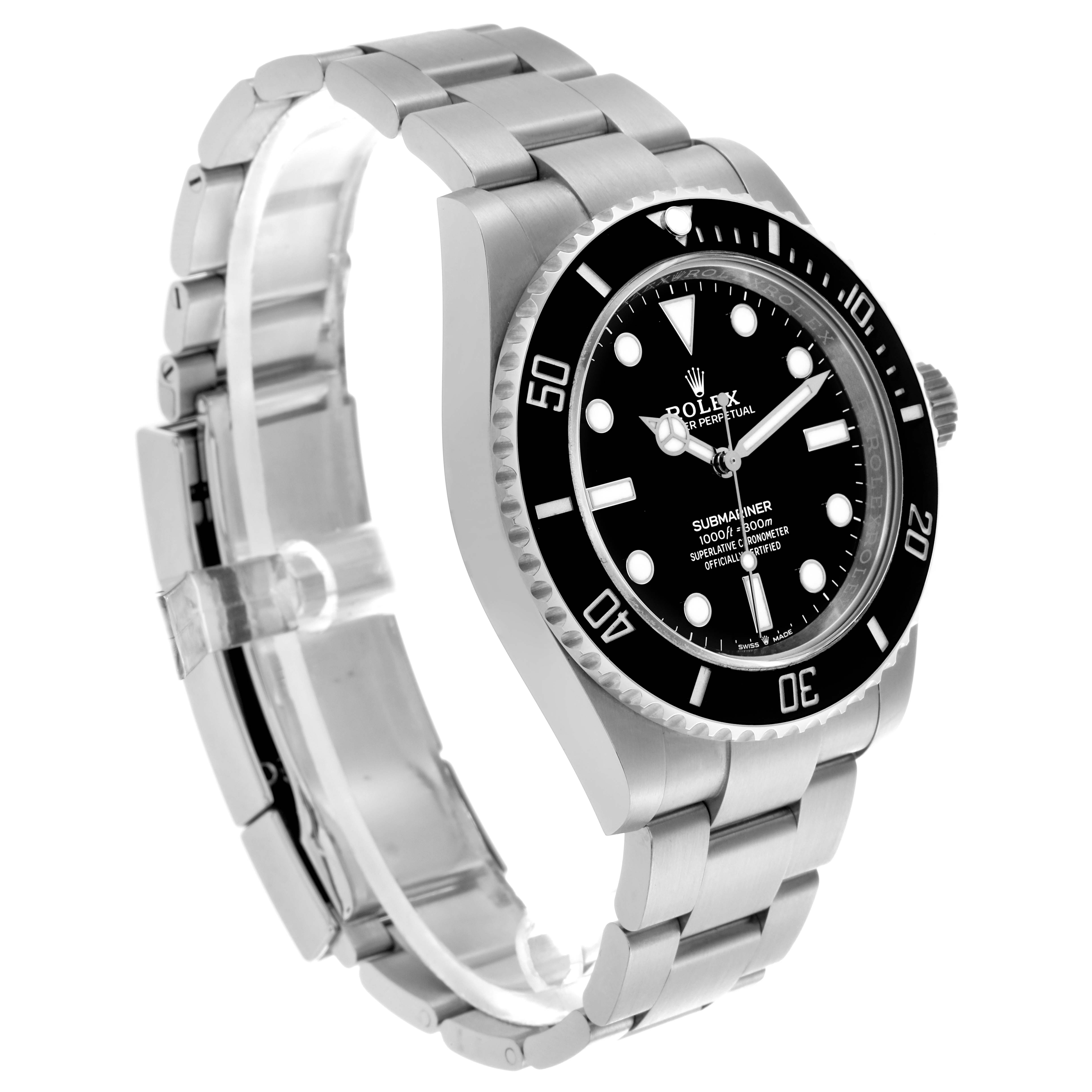 The image shows a side view of the Rolex Submariner 124060 Men's Stainless Steel Black Dial 124060 Men's Stainless Steel Black Dial, highlighting the bezel, dial, and part of the bracelet.