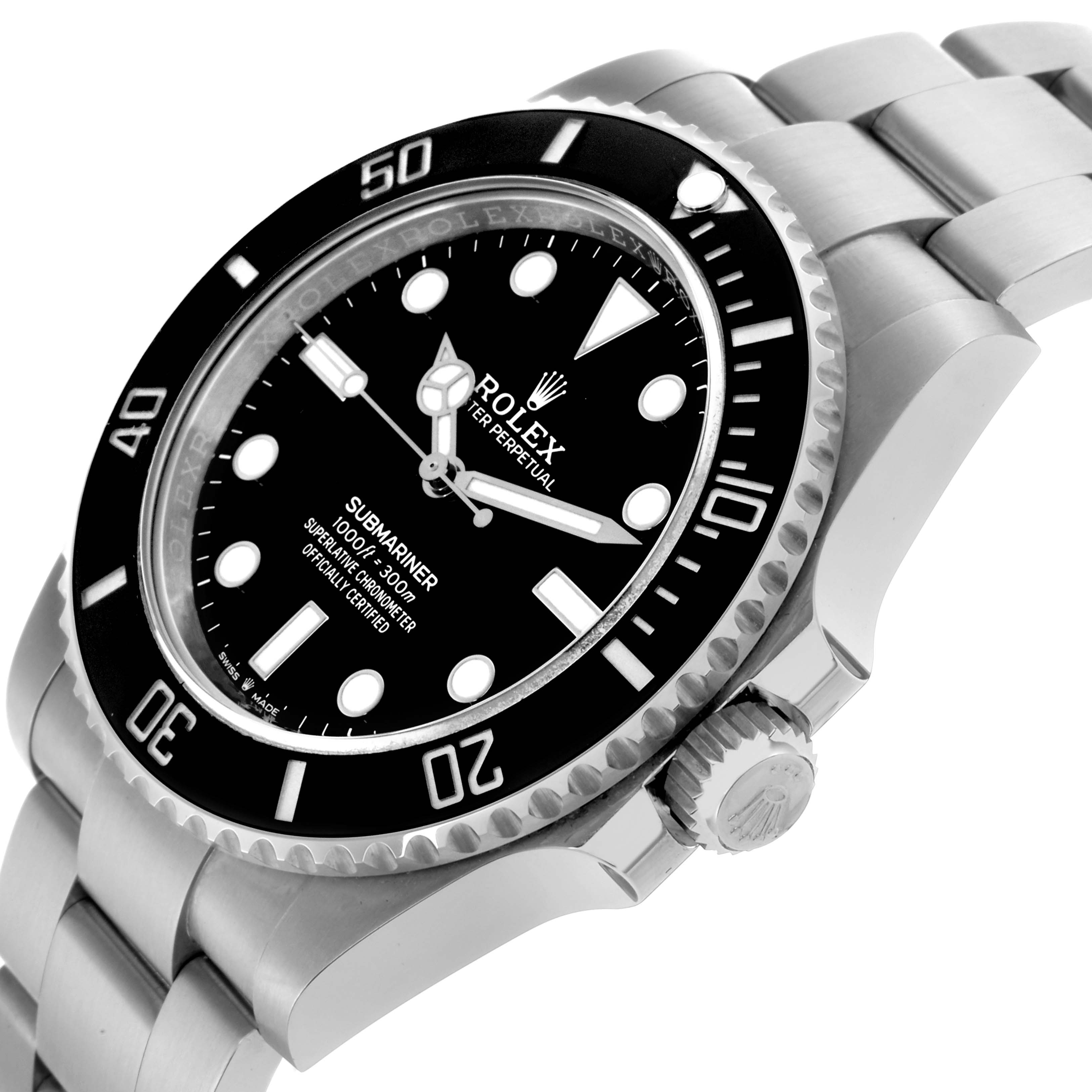 The image shows the Rolex Submariner 124060 Men's Stainless Steel Black Dial 124060 Men's Stainless Steel Black Dial watch at a side angle, highlighting its bezel, crown, and bracelet.