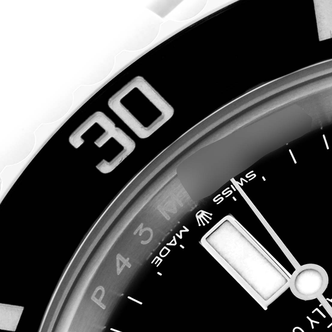 The image shows a close-up of the bezel and dial of a Rolex Submariner 124060 Men's Stainless Steel Black Dial 124060 Men's Stainless Steel Black Dial, highlighting the 30-minute mark.