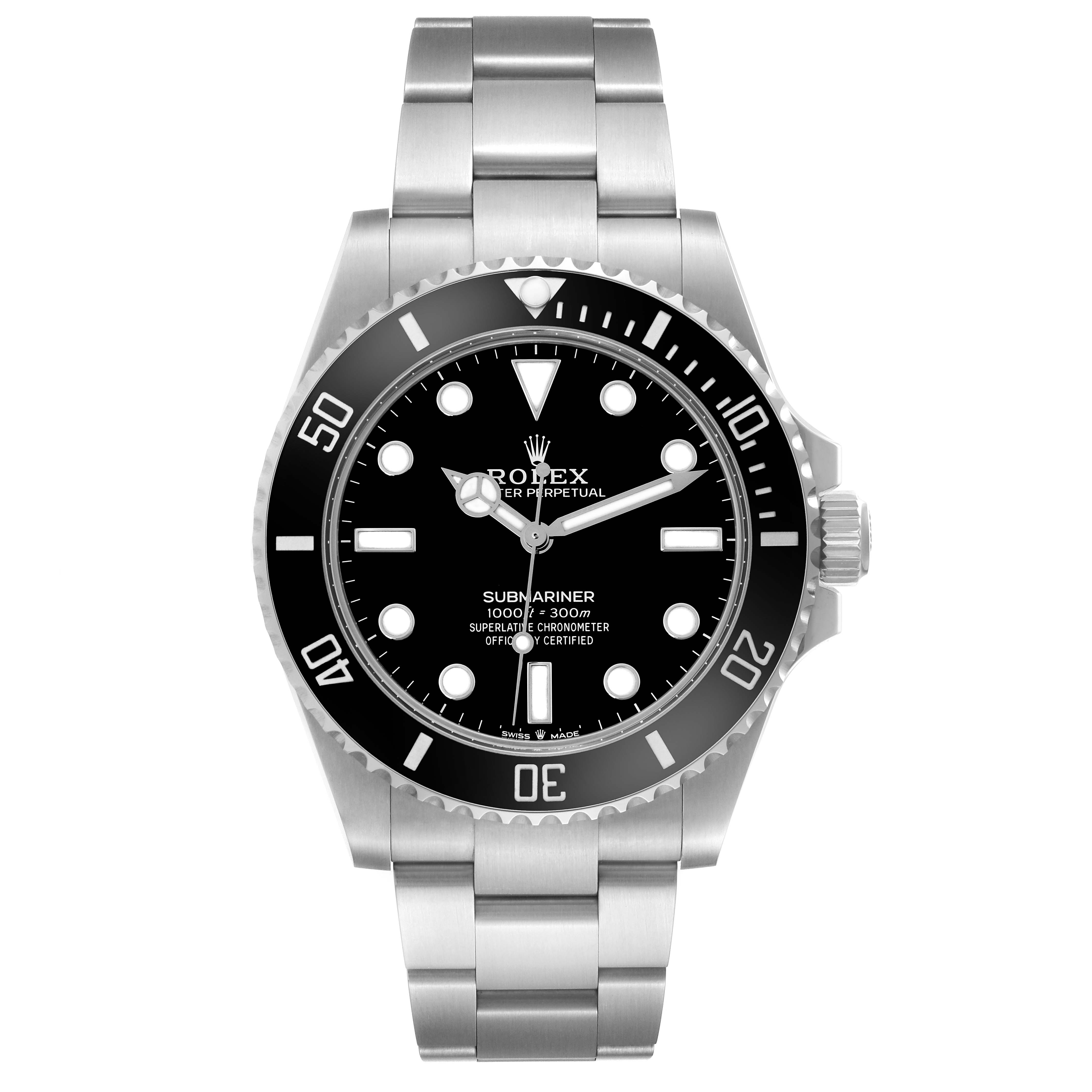 The Rolex Submariner 124060 Men's Stainless Steel Black Dial 124060 Men's Stainless Steel Black Dial watch is shown from a front angle, displaying the dial, bezel, and bracelet.