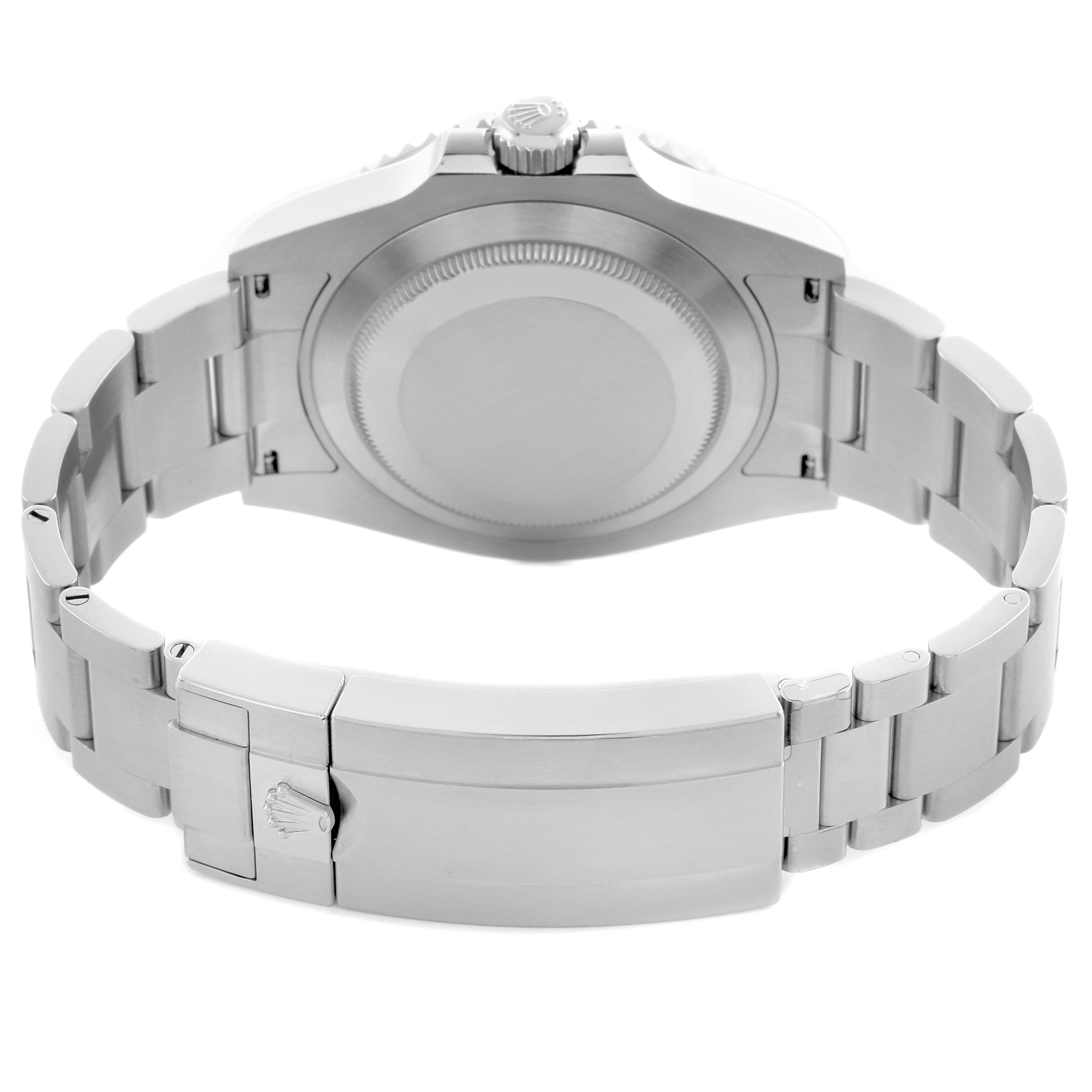 The image shows the back view of a Rolex Submariner 124060 Men's Stainless Steel Black Dial 124060 Men's Stainless Steel Black Dial, highlighting the stainless steel case back, bracelet, and clasp.