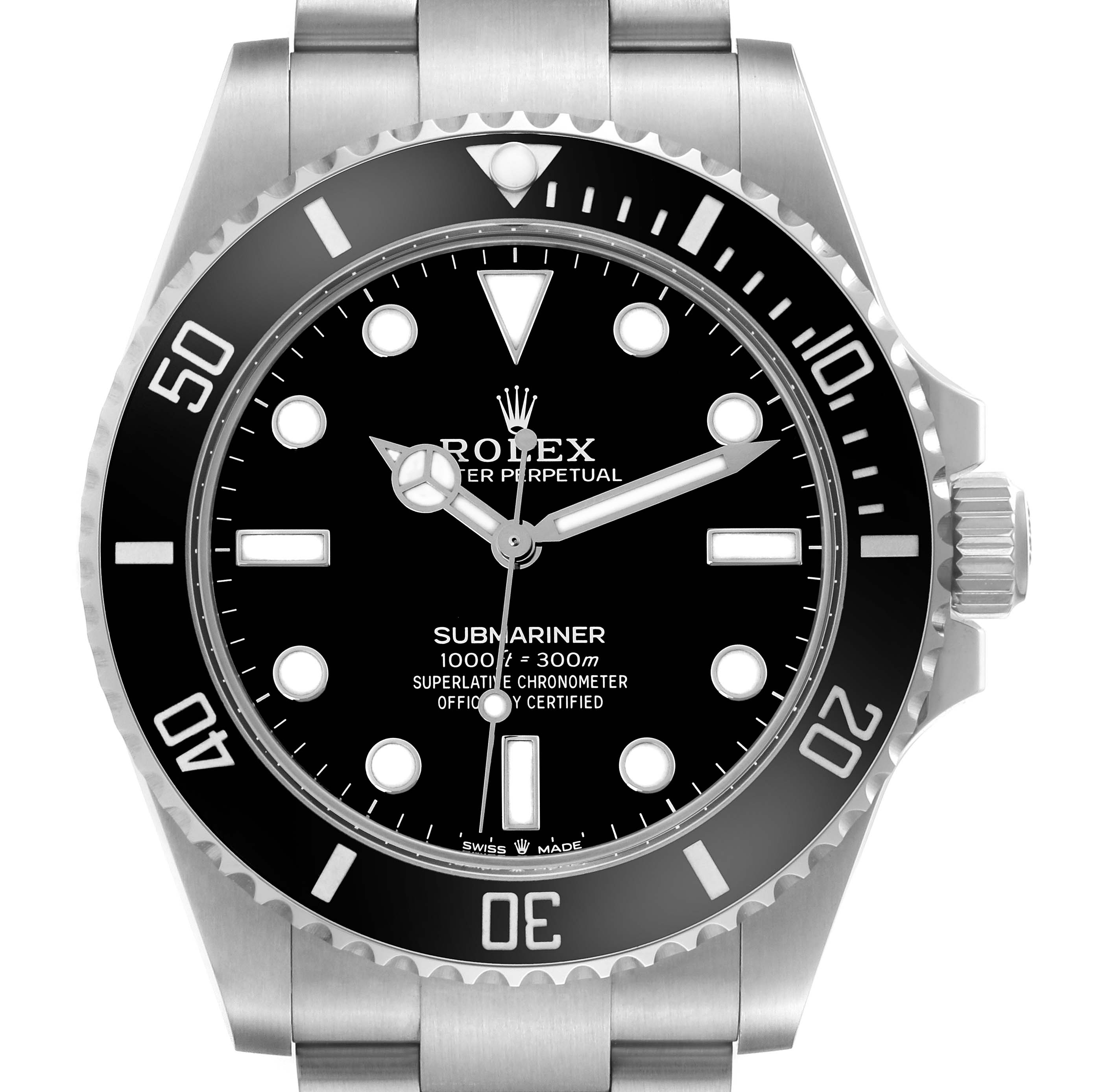 The Rolex Submariner 124060 Men's Stainless Steel Black Dial 124060 Men's Stainless Steel Black Dial watch is shown from the front, highlighting the dial, bezel, and part of the bracelet.