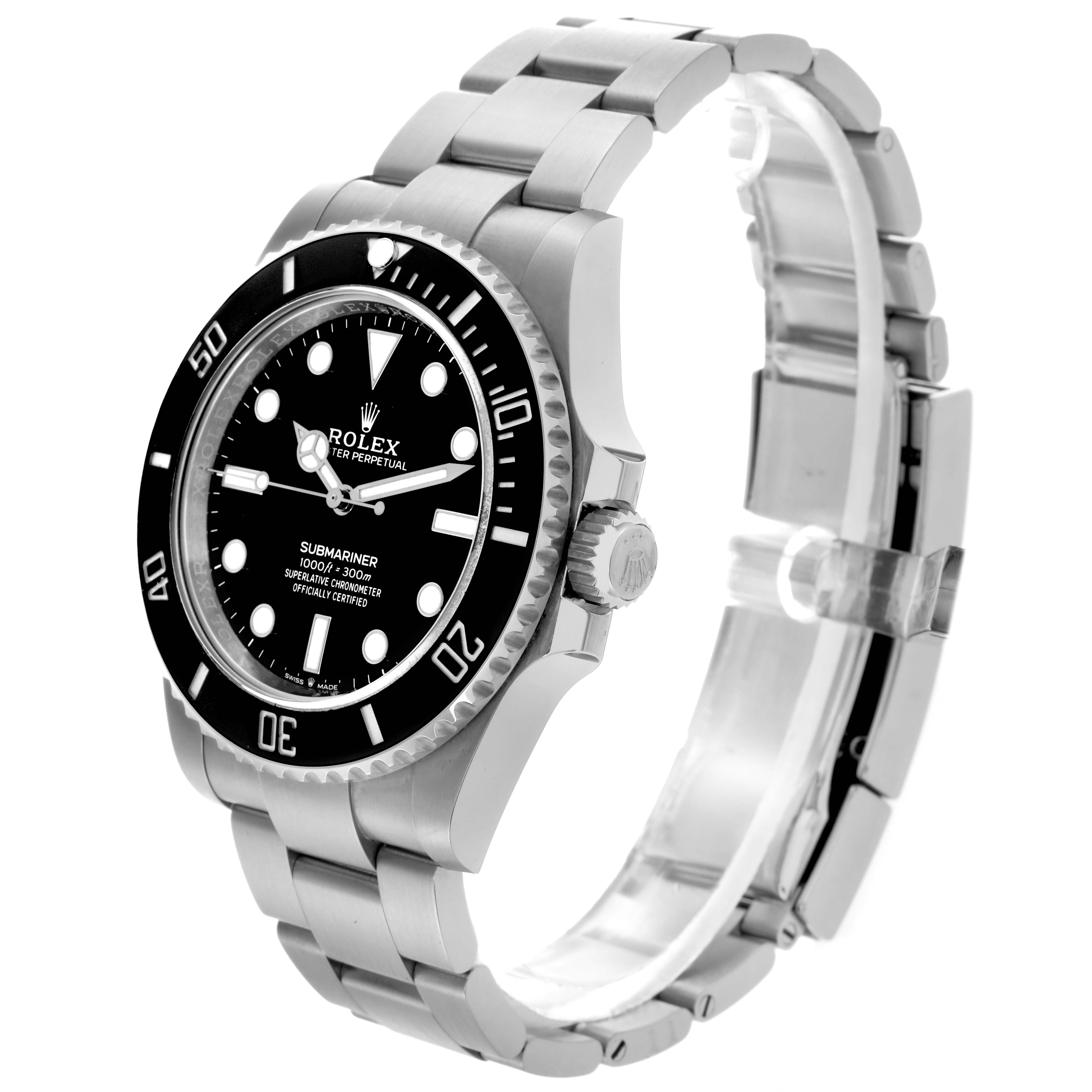 The Rolex Submariner 124060 Men's Stainless Steel Black Dial 124060 Men's Stainless Steel Black Dial watch is shown at a slight angle, highlighting the face, bezel, crown, and bracelet.