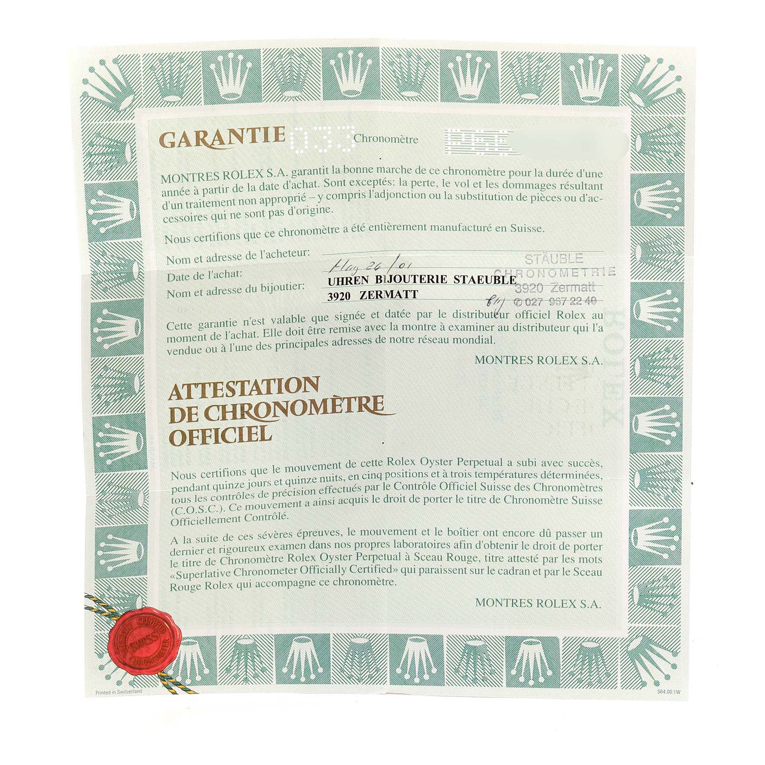 This image shows the official warranty certificate for the Rolex Yacht-Master 168622 Men's Stainless Steel Silver Dial 168622 Men's Stainless Steel Silver Dial watch, detailing its purchase and authenticity.