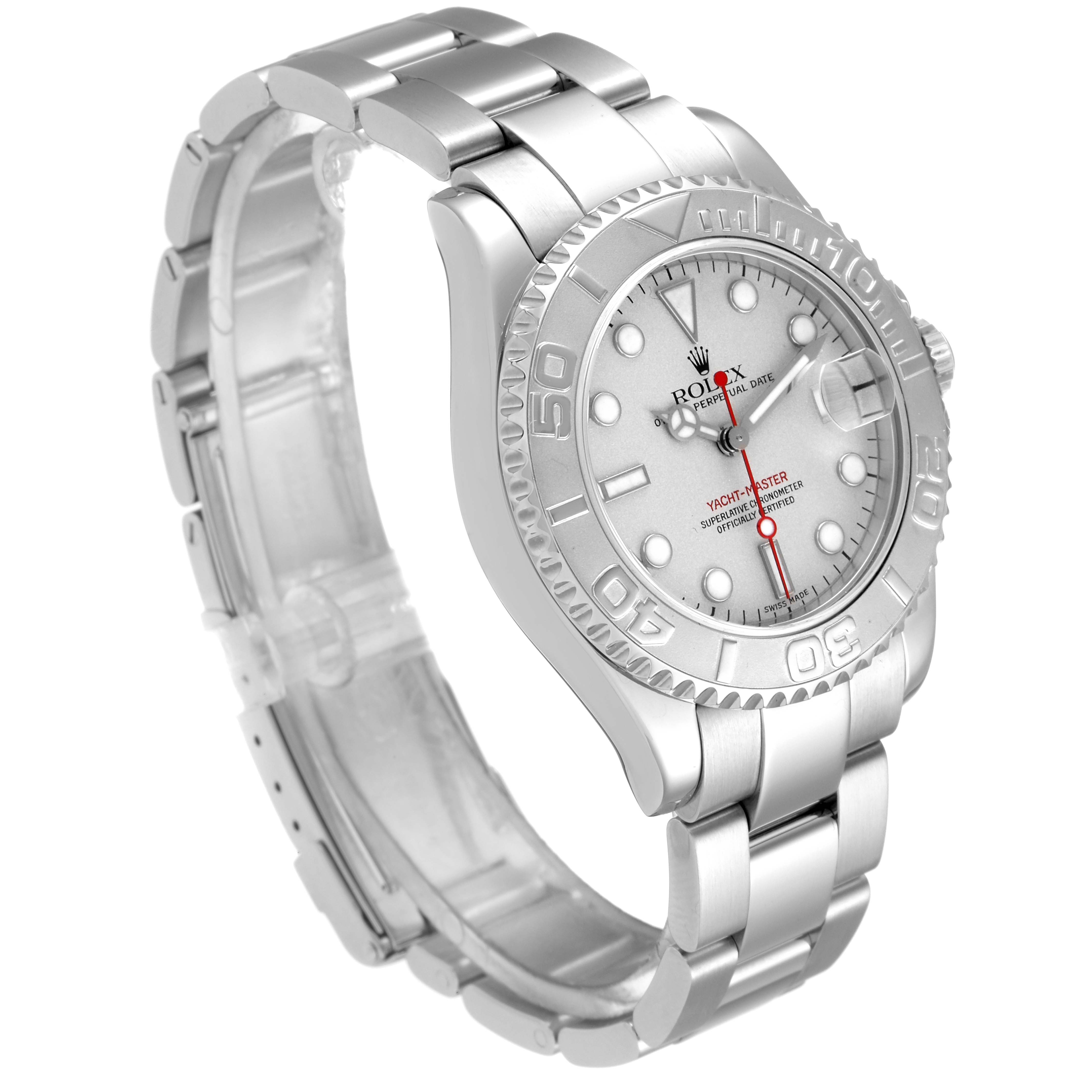 The image shows a side angle of a Rolex Yacht-Master 168622 Men's Stainless Steel Silver Dial 168622 Men's Stainless Steel Silver Dial watch, highlighting its face, bezel, and attached band.