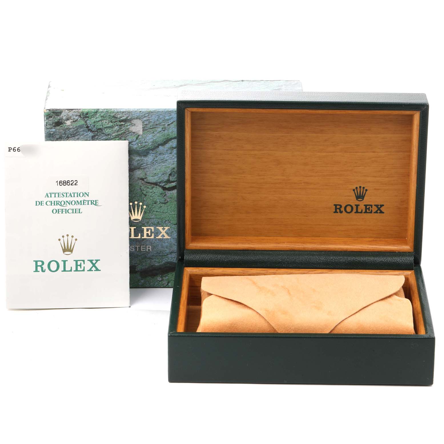 The image shows a Rolex Yacht-Master 168622 Men's Stainless Steel Silver Dial 168622 Men's Stainless Steel Silver Dial watch box, certificate, and pillow from front angle.