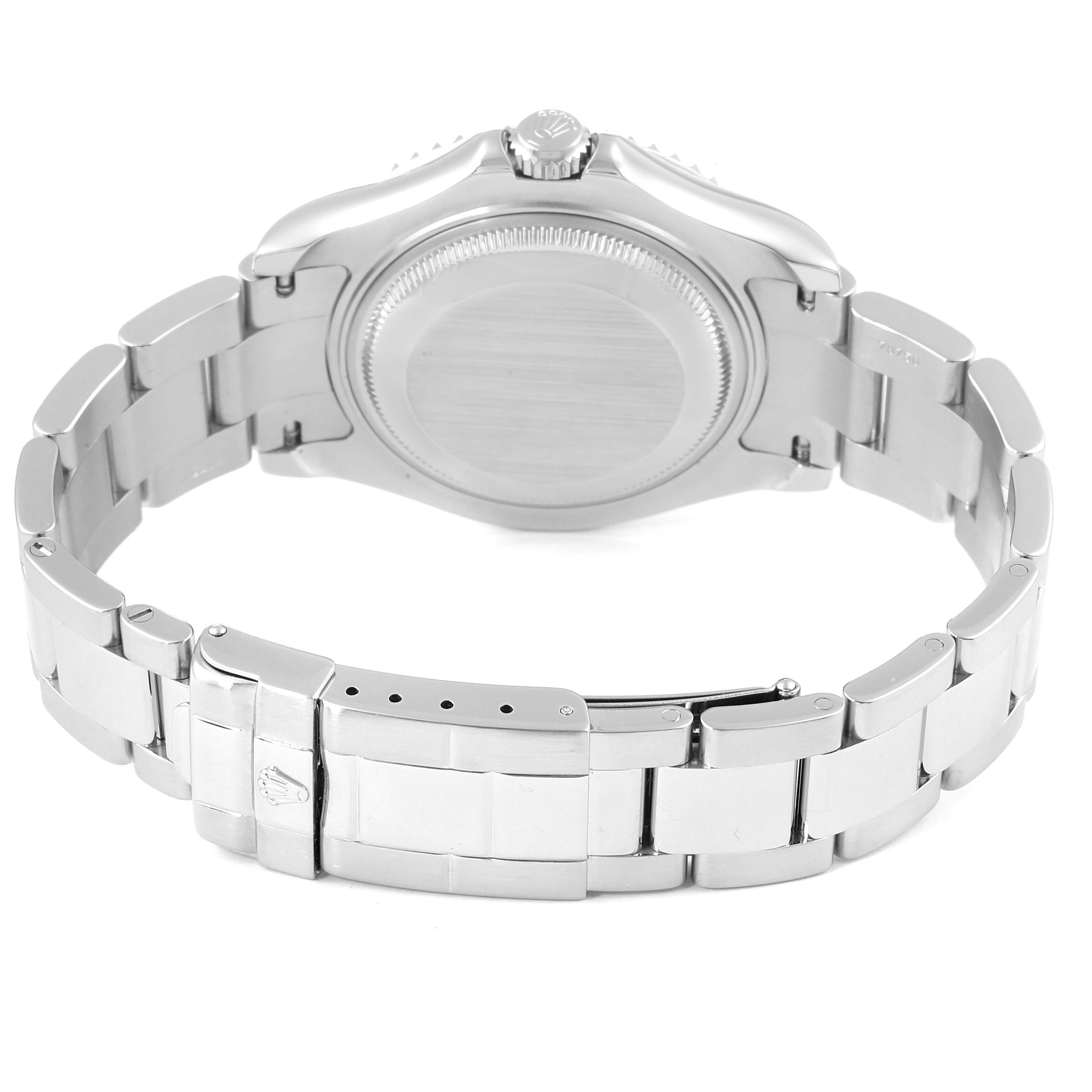 This image shows the back casing, crown, and bracelet clasp of the Rolex Yacht-Master 168622 Men's Stainless Steel Silver Dial 168622 Men's Stainless Steel Silver Dial watch from a rear angle.