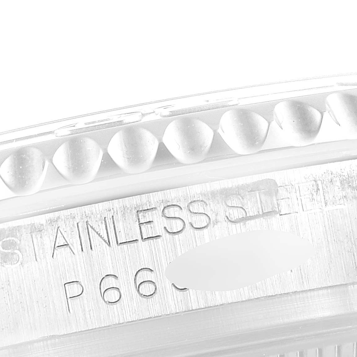 This image shows a close-up of the bezel and case side with the "STAINLESS STEEL" engraving on the Rolex Yacht-Master 168622 Men's Stainless Steel Silver Dial 168622 Men's Stainless Steel Silver Dial watch.