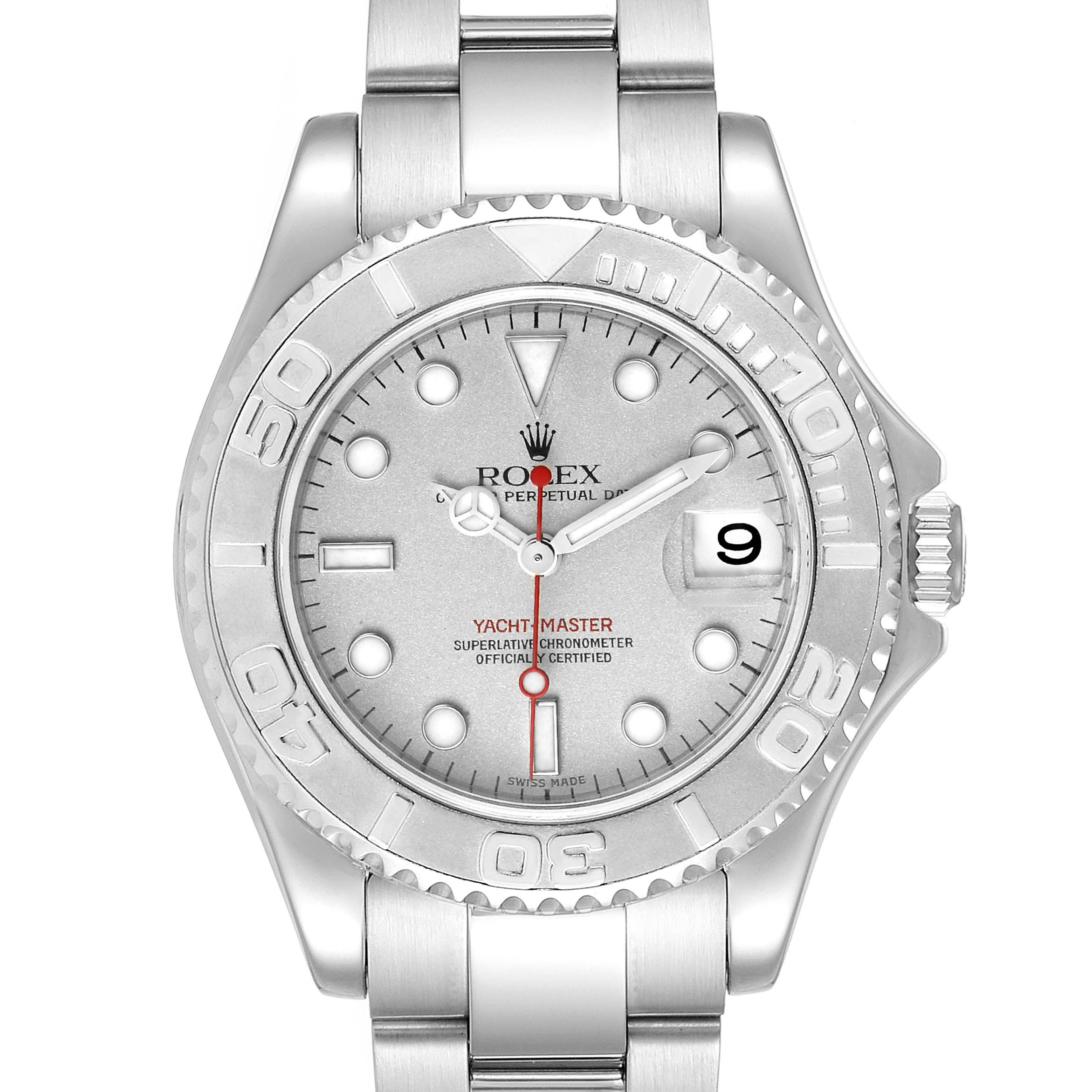 The image shows a front view of the Rolex Yacht-Master 168622 Men's Stainless Steel Silver Dial 168622 Men's Stainless Steel Silver Dial watch, highlighting its dial, bezel, and bracelet.