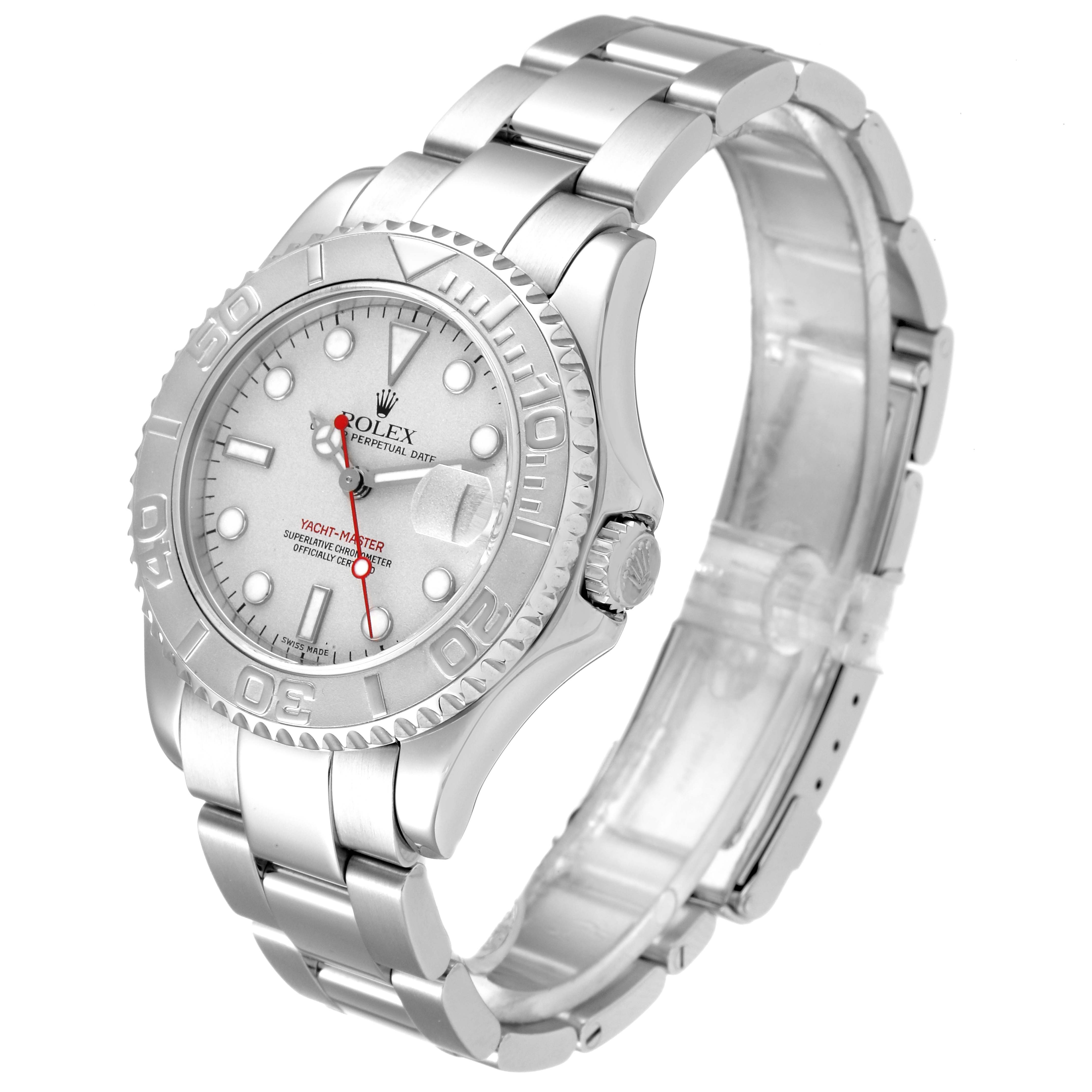 The Rolex Yacht-Master 168622 Men's Stainless Steel Silver Dial 168622 Men's Stainless Steel Silver Dial watch is angled slightly to the right, showing the face, bezel, bracelet, and crown.