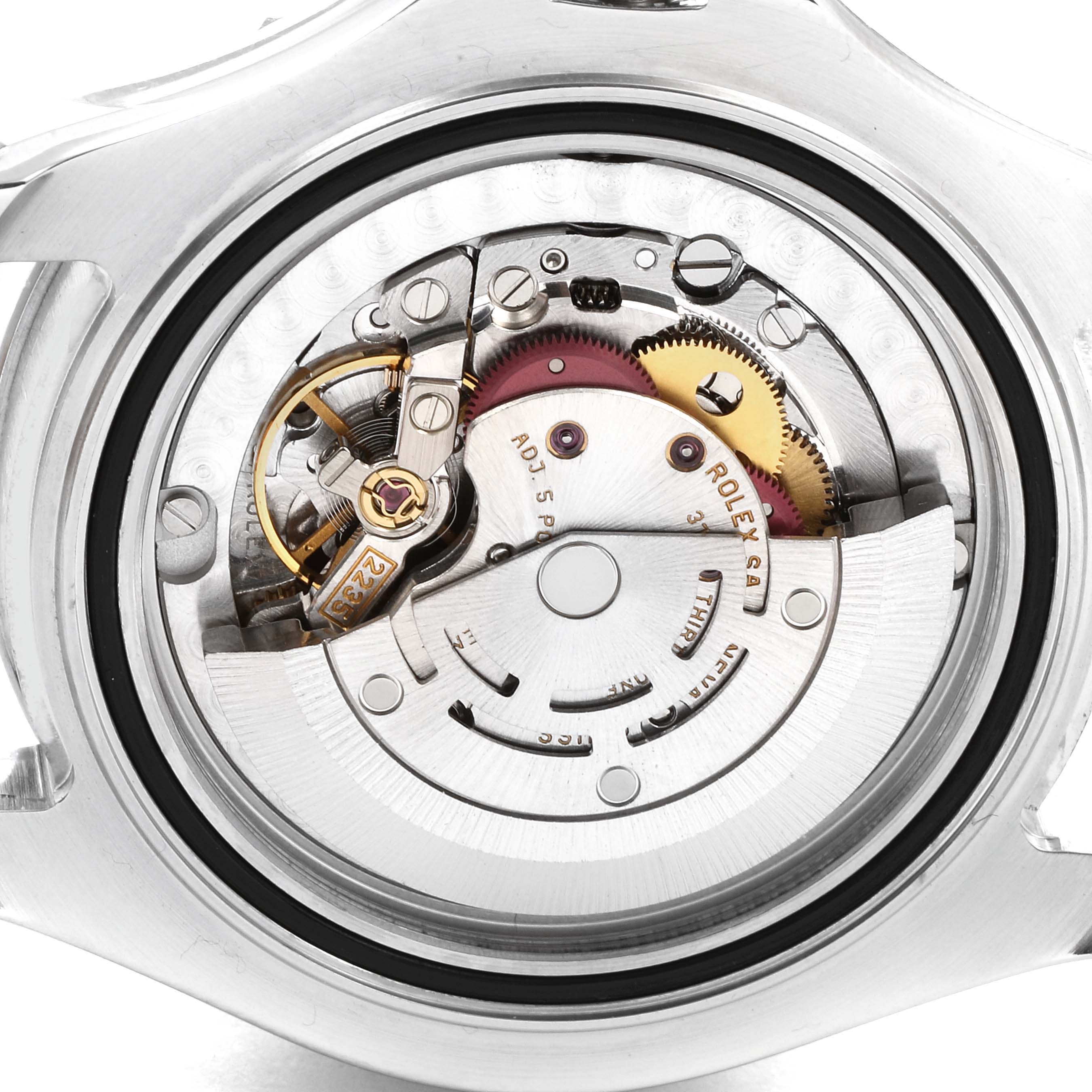 The image shows the inner mechanical movement of a Rolex Yacht-Master 168622 Men's Stainless Steel Silver Dial 168622 Men's Stainless Steel Silver Dial watch from the back angle.
