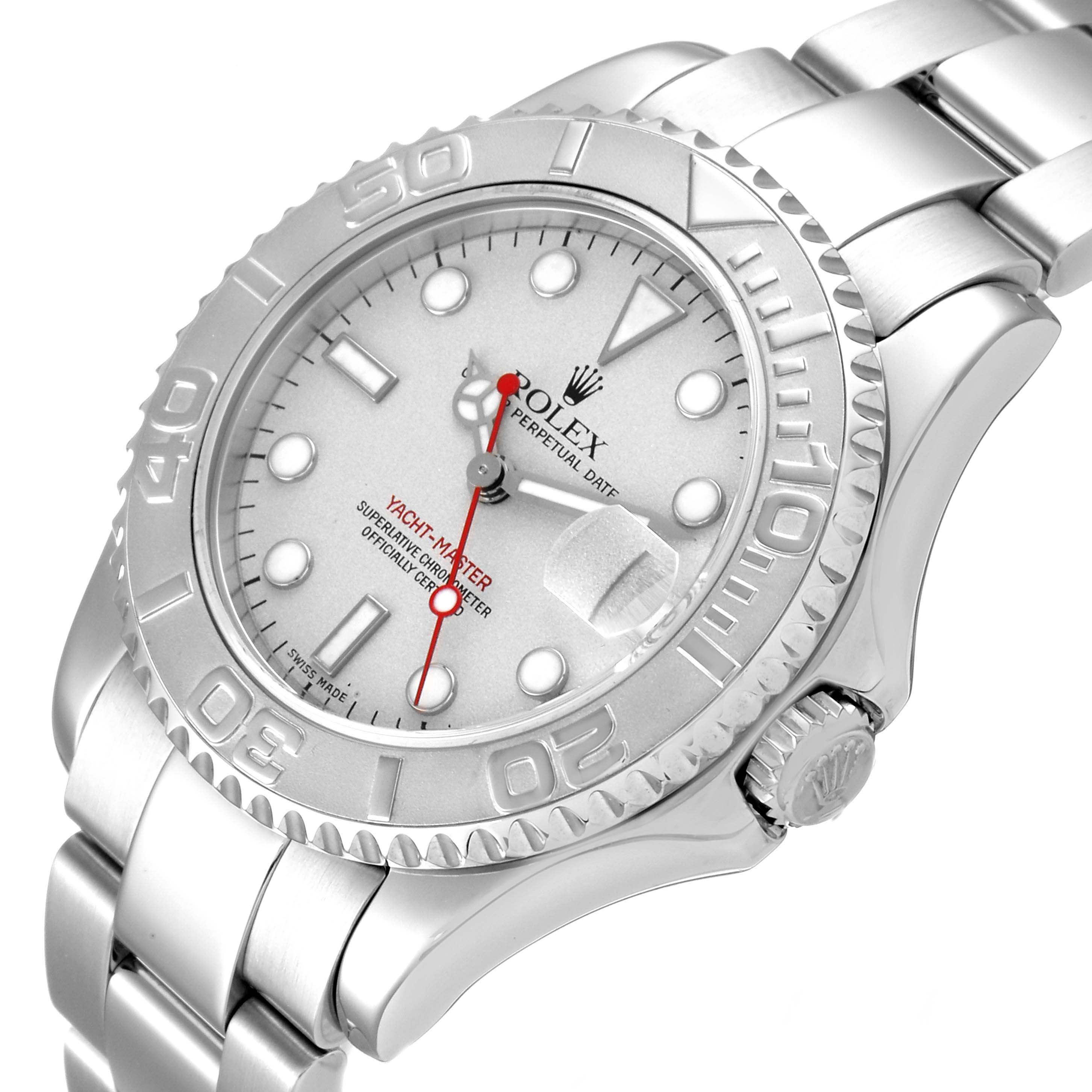 The image shows a top-side view of a Rolex Yacht-Master 168622 Men's Stainless Steel Silver Dial 168622 Men's Stainless Steel Silver Dial watch, highlighting the face, bezel, and part of the bracelet.