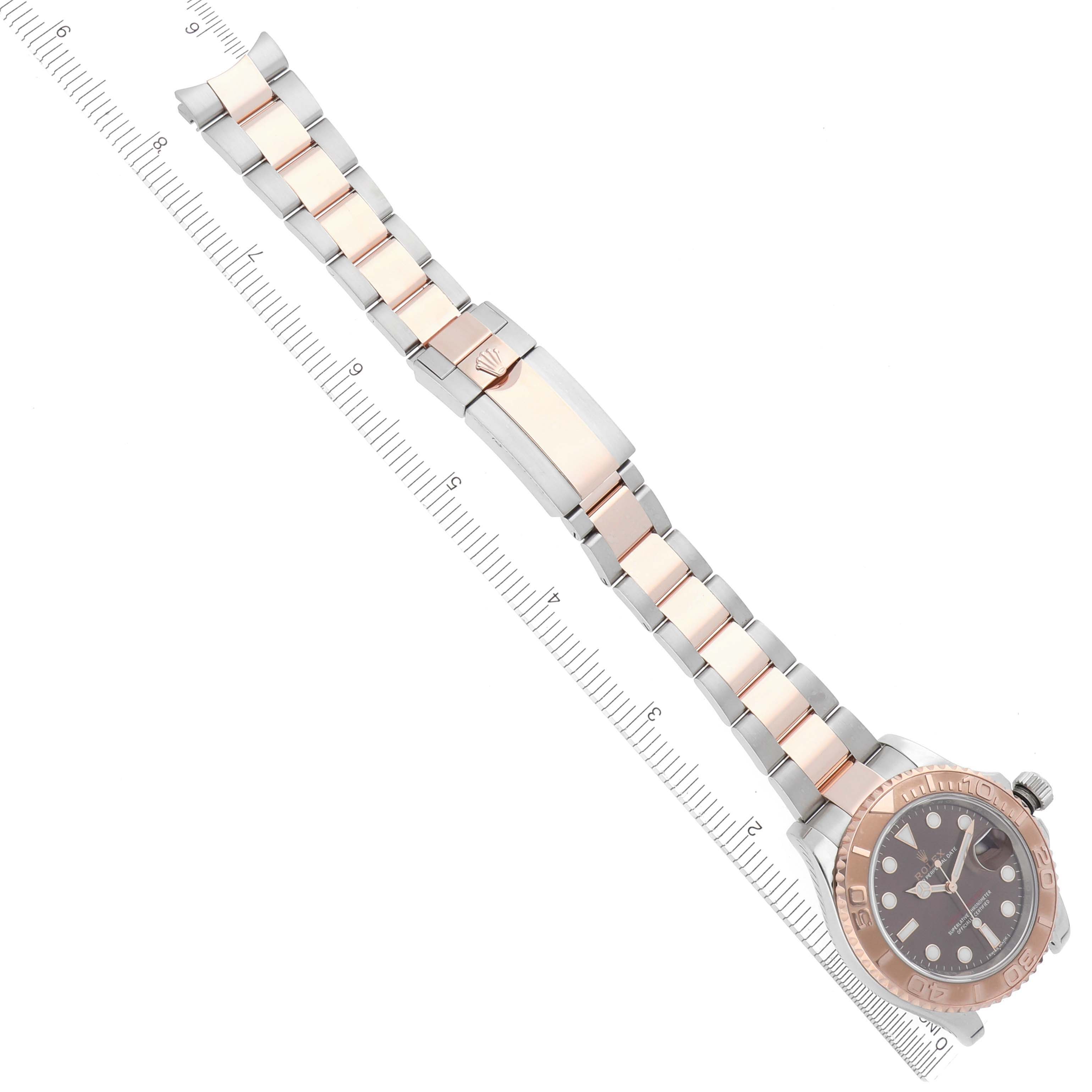 The Rolex Yacht-Master 116621 Men's Steel and Gold (two tone) Brown Dial 116621 Men's Steel and Gold (two tone) Brown Dial watch is displayed diagonally, showing the face, bezel, and bracelet with a ruler for scale.
