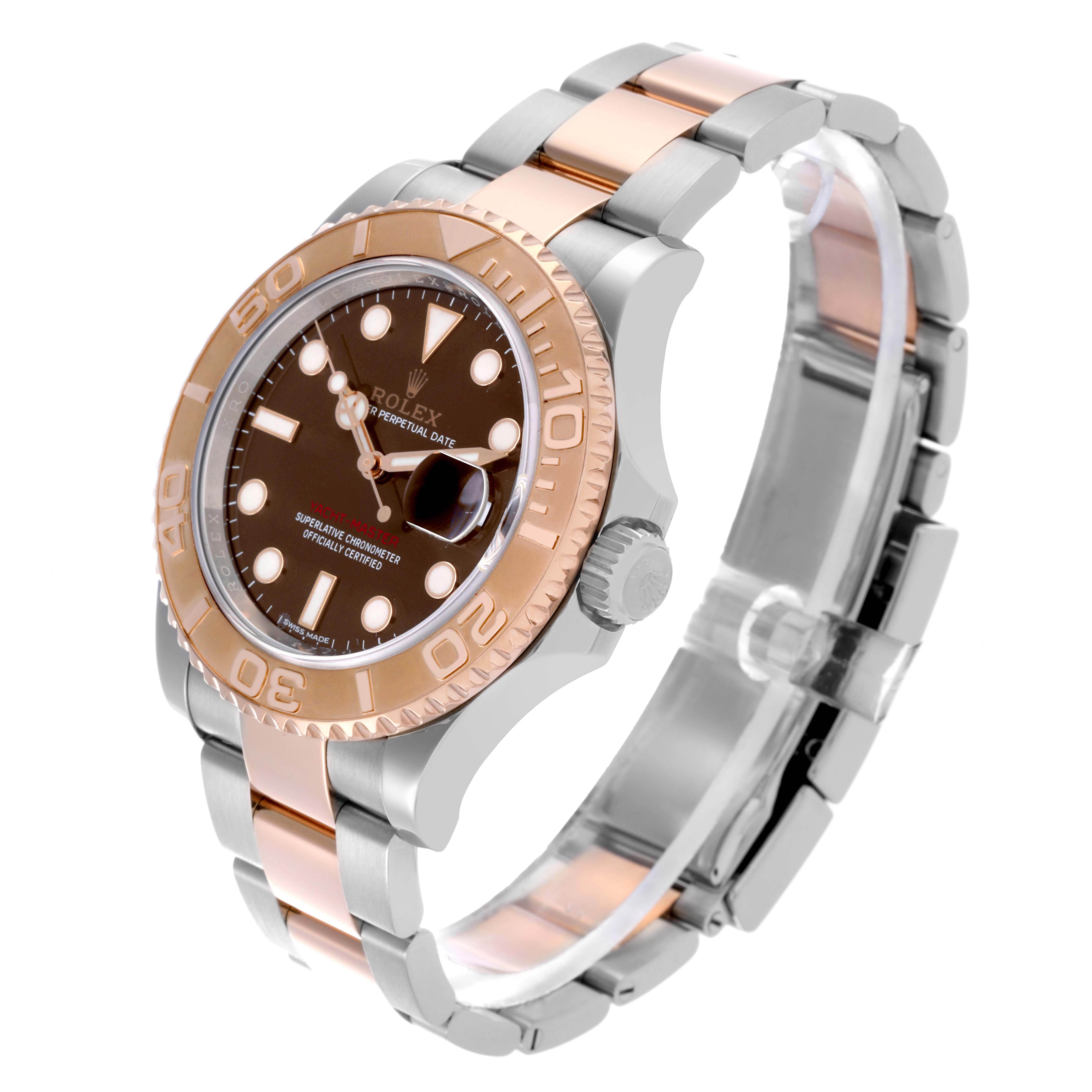 The Rolex Yacht-Master 116621 Men's Steel and Gold (two tone) Brown Dial 116621 Men's Steel and Gold (two tone) Brown Dial watch is shown at a three-quarter angle, highlighting the bezel, dial, and two-tone bracelet.