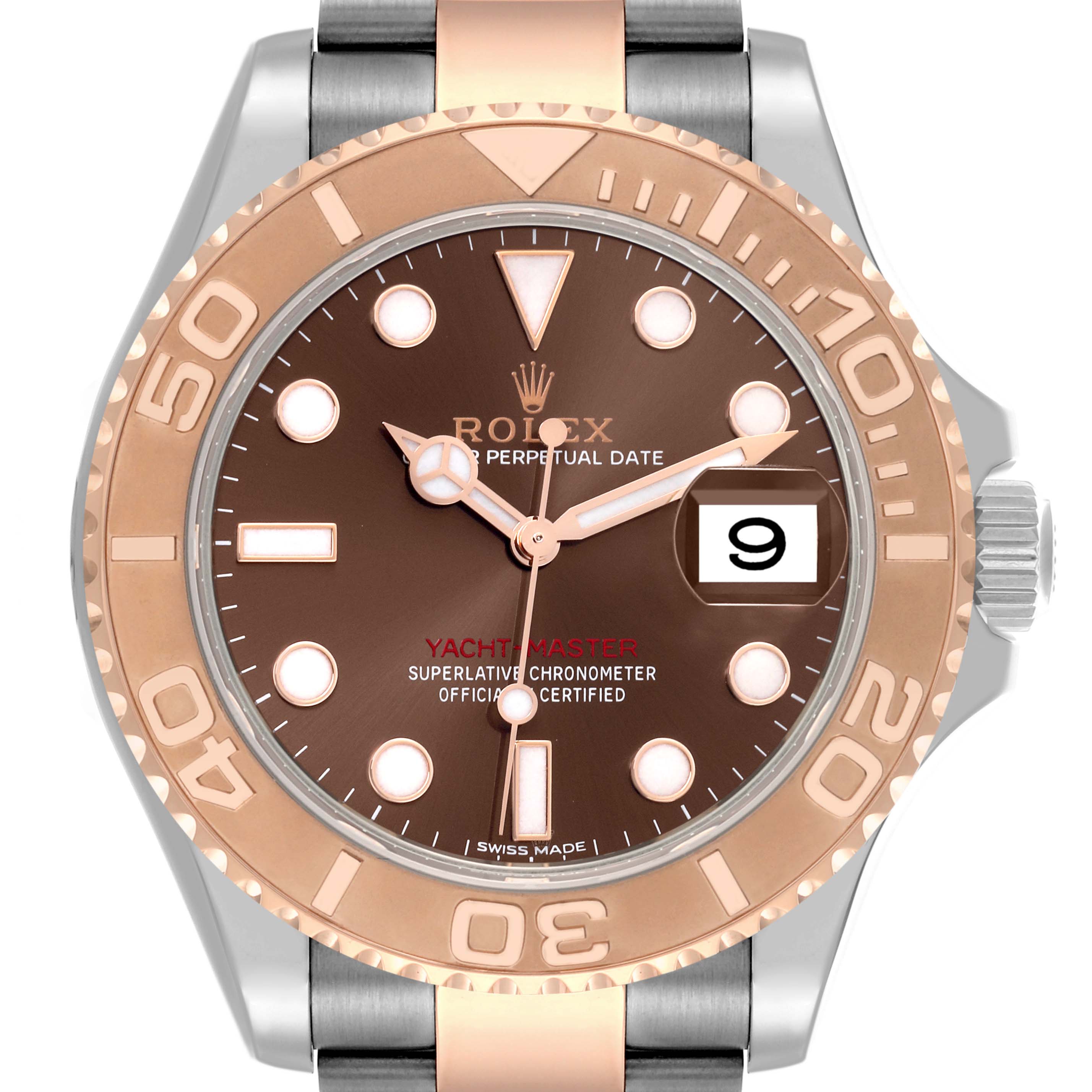 The image shows a front view of the Rolex Yacht-Master 116621 Men's Steel and Gold (two tone) Brown Dial 116621 Men's Steel and Gold (two tone) Brown Dial watch, highlighting its brown dial, bezel, and date feature.