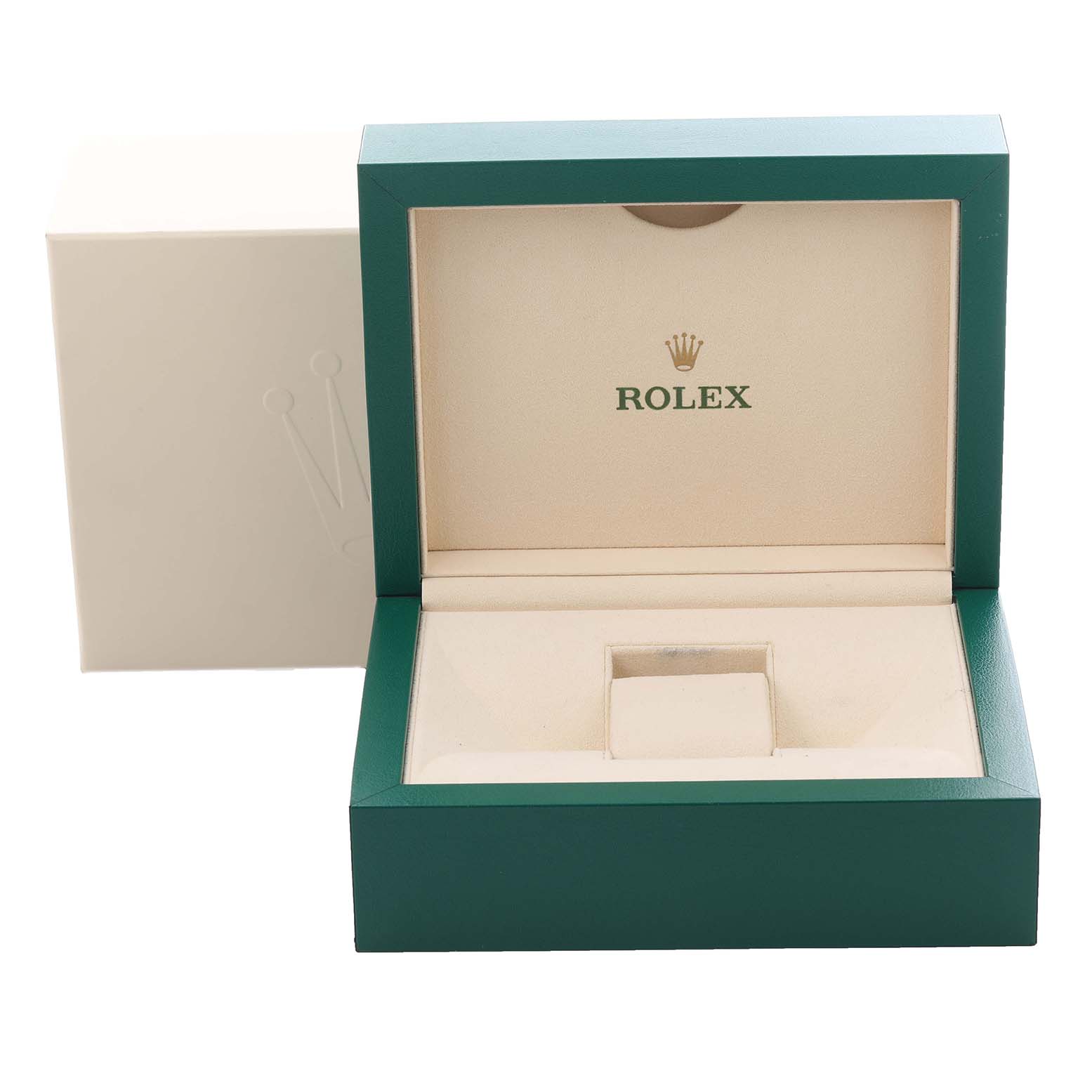 The image shows an open green and beige Rolex Yacht-Master 116621 Men's Steel and Gold (two tone) Brown Dial 116621 Men's Steel and Gold (two tone) Brown Dial watch box from the front, displaying the interior cushioning.