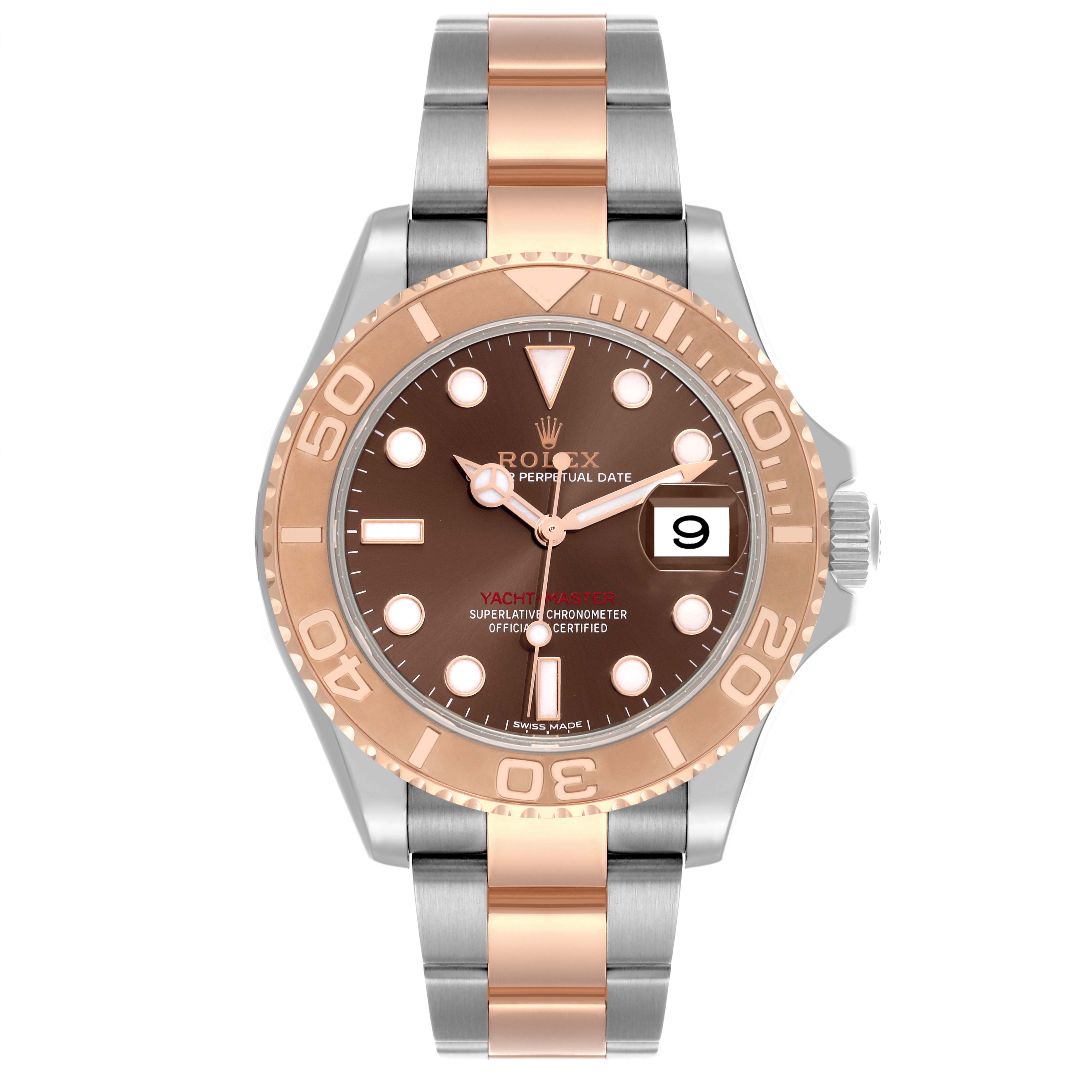 The Rolex Yacht-Master 116621 Men's Steel and Gold (two tone) Brown Dial 116621 Men's Steel and Gold (two tone) Brown Dial watch is shown from the front, highlighting the bezel, dial, and full bracelet.