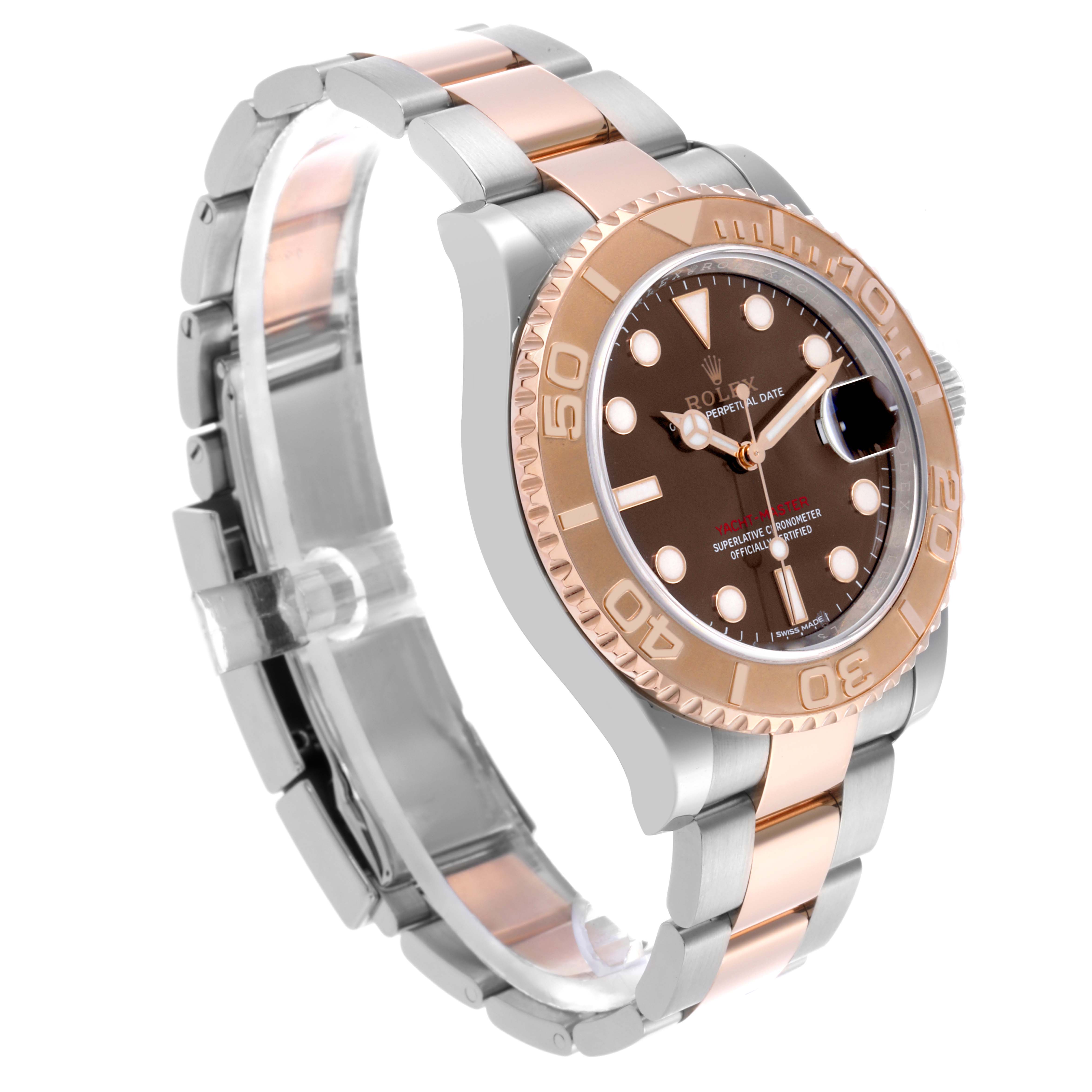The Rolex Yacht-Master 116621 Men's Steel and Gold (two tone) Brown Dial 116621 Men's Steel and Gold (two tone) Brown Dial watch is shown at a three-quarter angle, highlighting the bezel, dial, and two-tone bracelet.