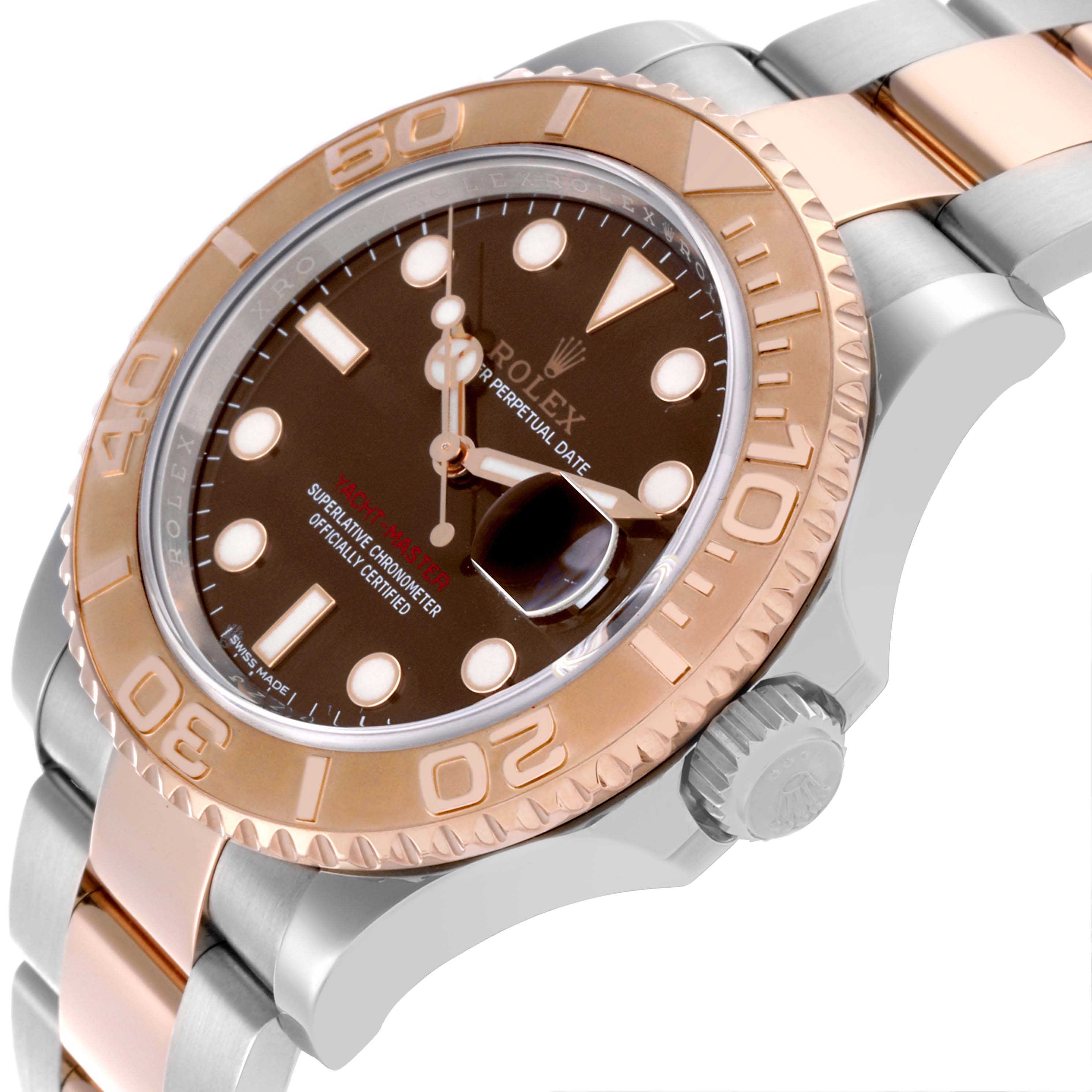 The image shows the Rolex Yacht-Master 116621 Men's Steel and Gold (two tone) Brown Dial 116621 Men's Steel and Gold (two tone) Brown Dial watch at a three-quarter angle, highlighting the bezel, dial, and part of the bracelet.