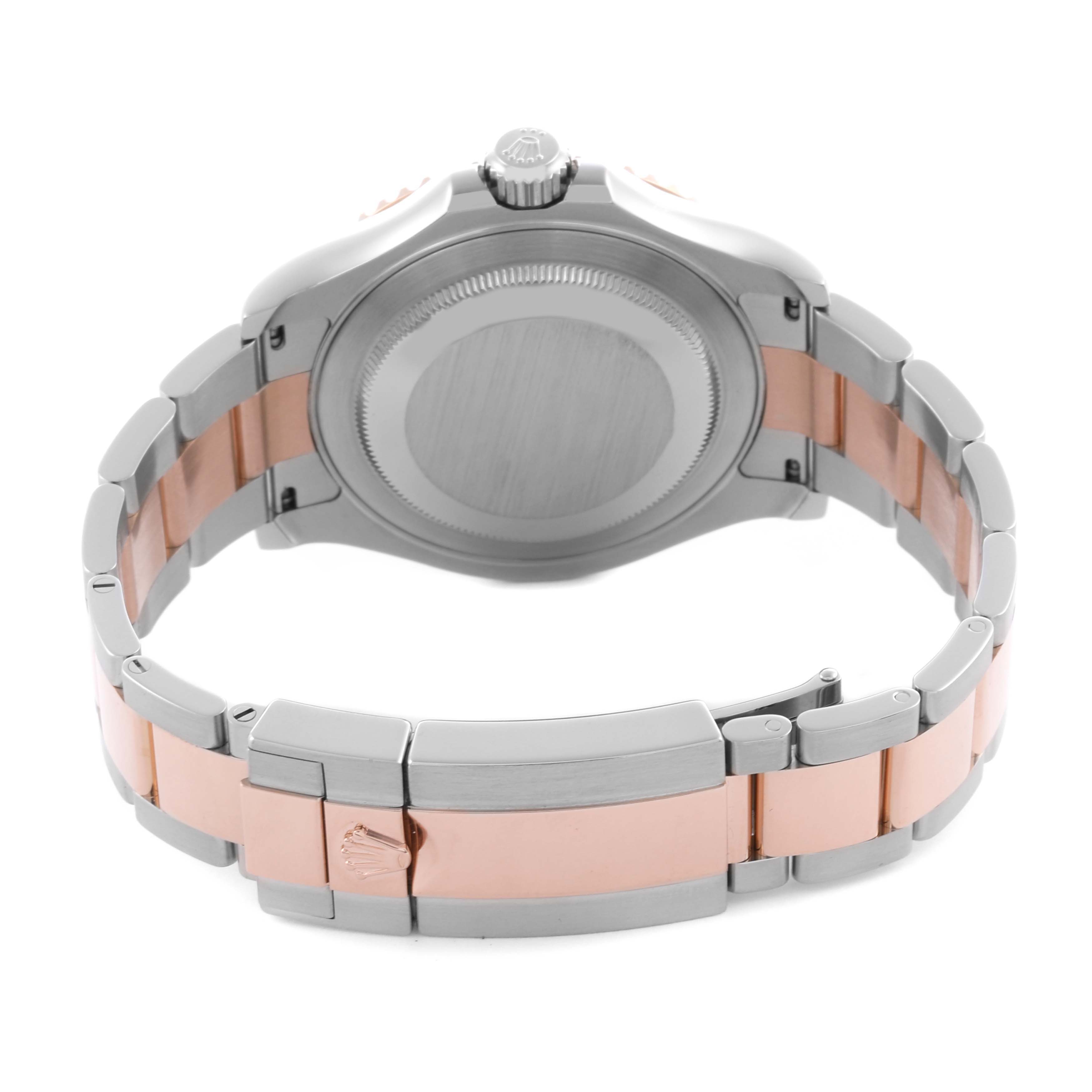 The image shows the back of a Rolex Yacht-Master 116621 Men's Steel and Gold (two tone) Brown Dial 116621 Men's Steel and Gold (two tone) Brown Dial watch, highlighting its case back and two-tone bracelet.