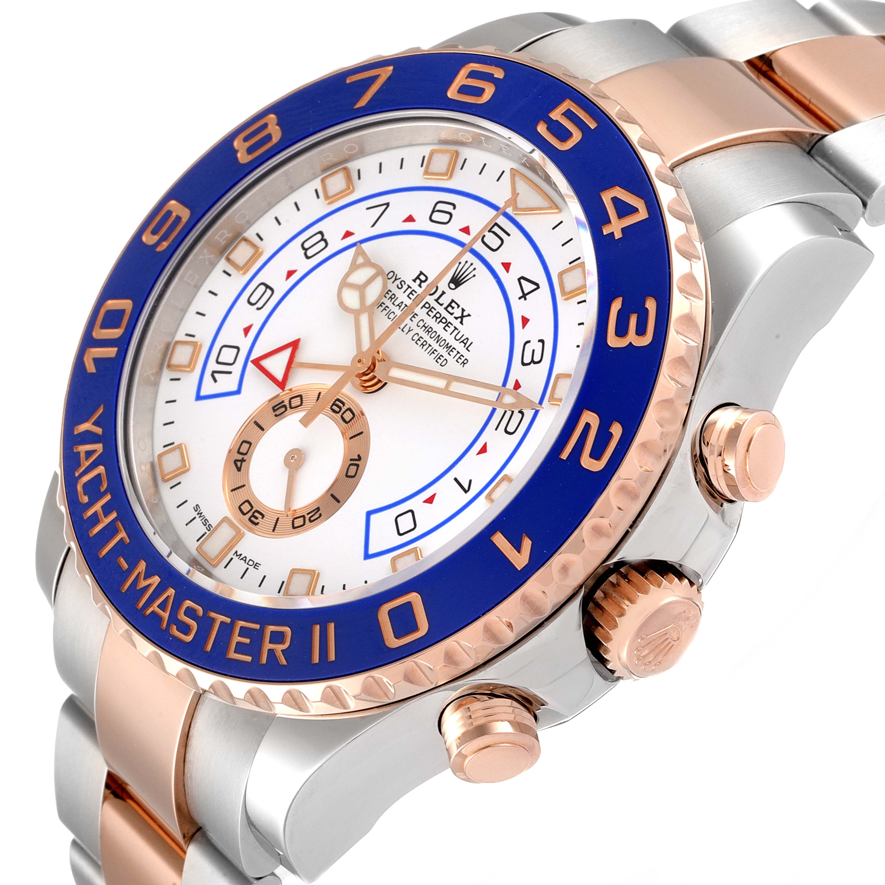 The Rolex Yacht-Master 116681 Men's Stainless Steel White Dial 116681 Men's Stainless Steel White Dial watch is shown from an oblique angle, displaying the bezel, dial, crown, and part of the bracelet.
