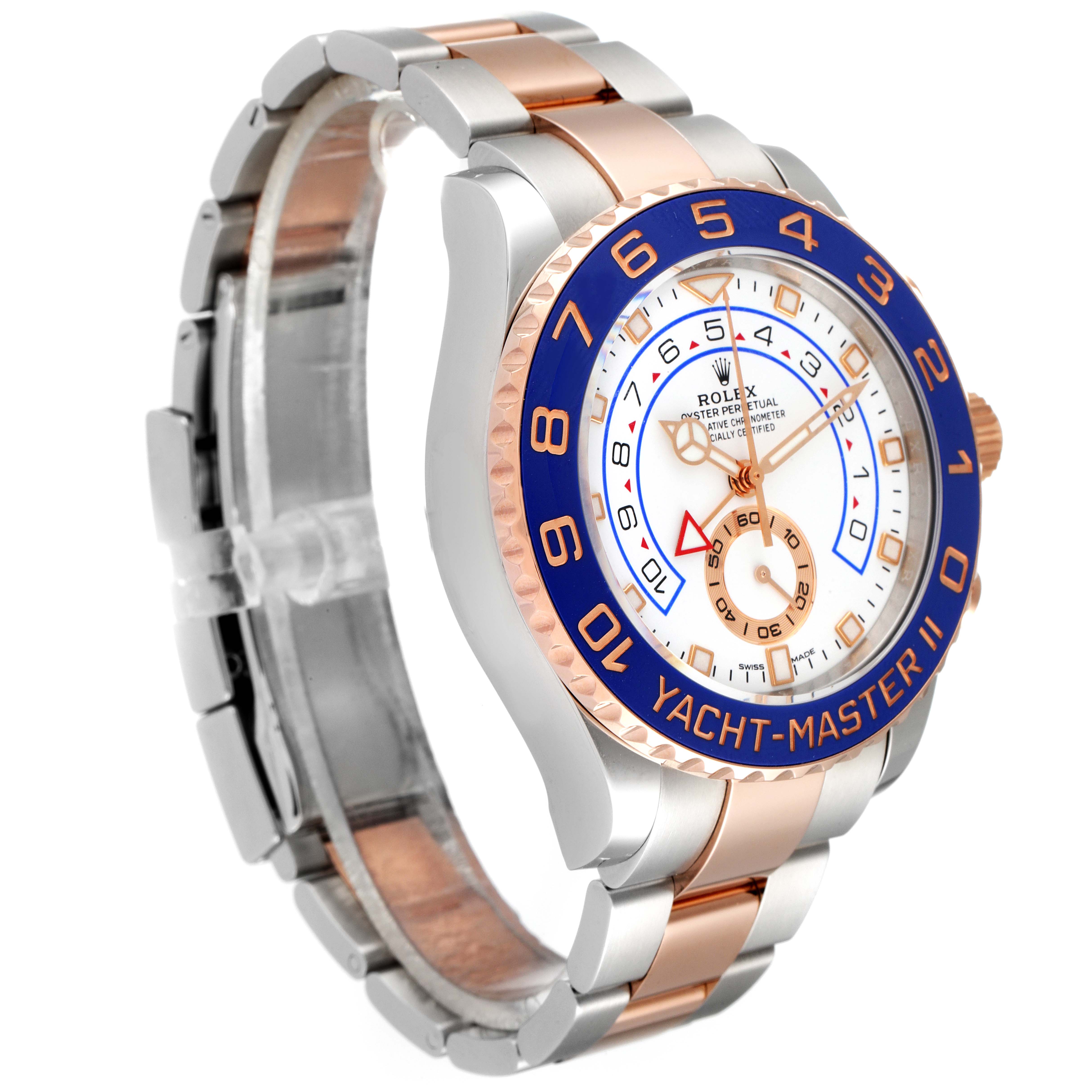 The Rolex Yacht-Master 116681 Men's Stainless Steel White Dial 116681 Men's Stainless Steel White Dial watch is shown at a three-quarter angle displaying the face, bezel, crown, and bracelet.