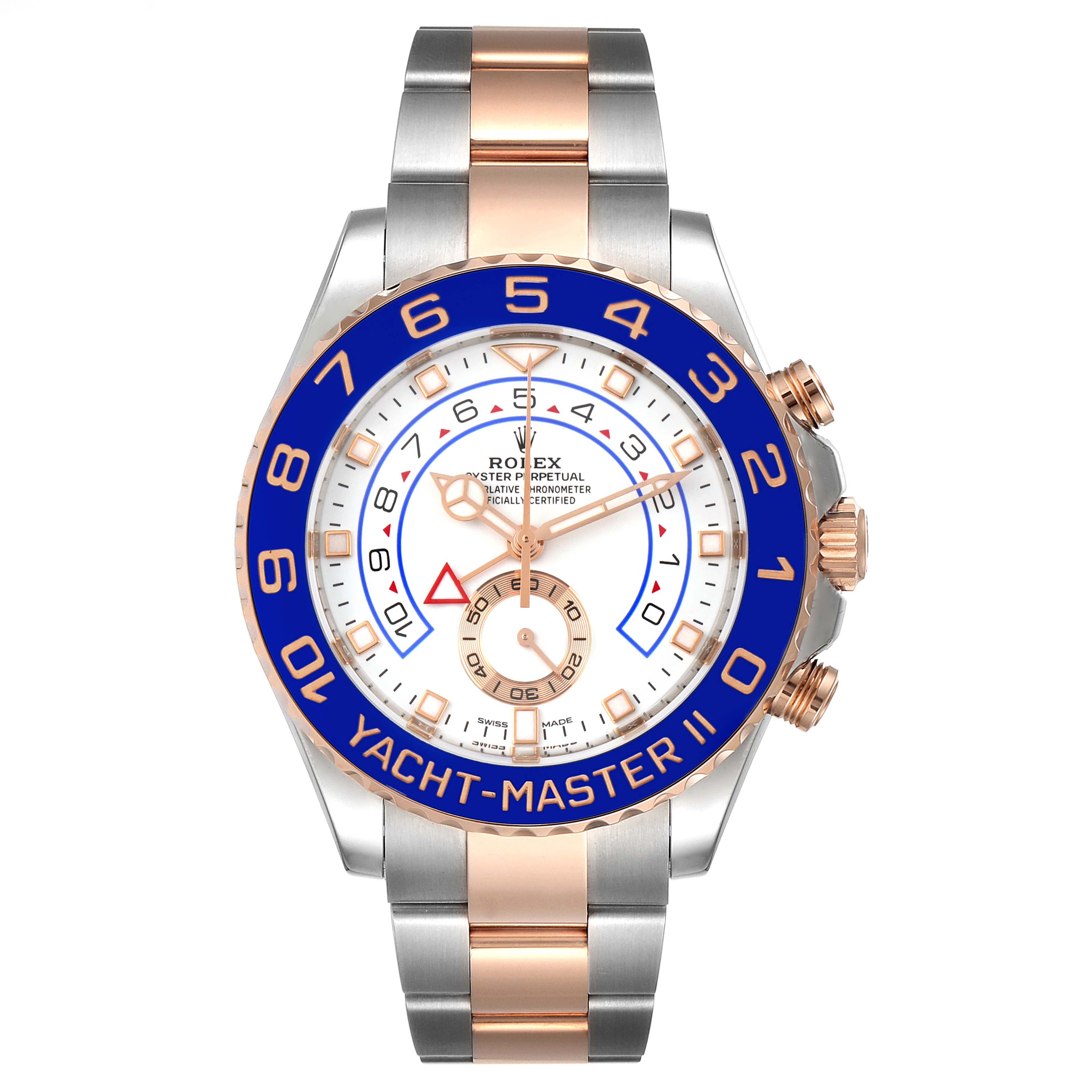 The image shows a front view of the Rolex Yacht-Master 116681 Men's Stainless Steel White Dial 116681 Men's Stainless Steel White Dial II watch, highlighting its blue bezel and two-tone bracelet.