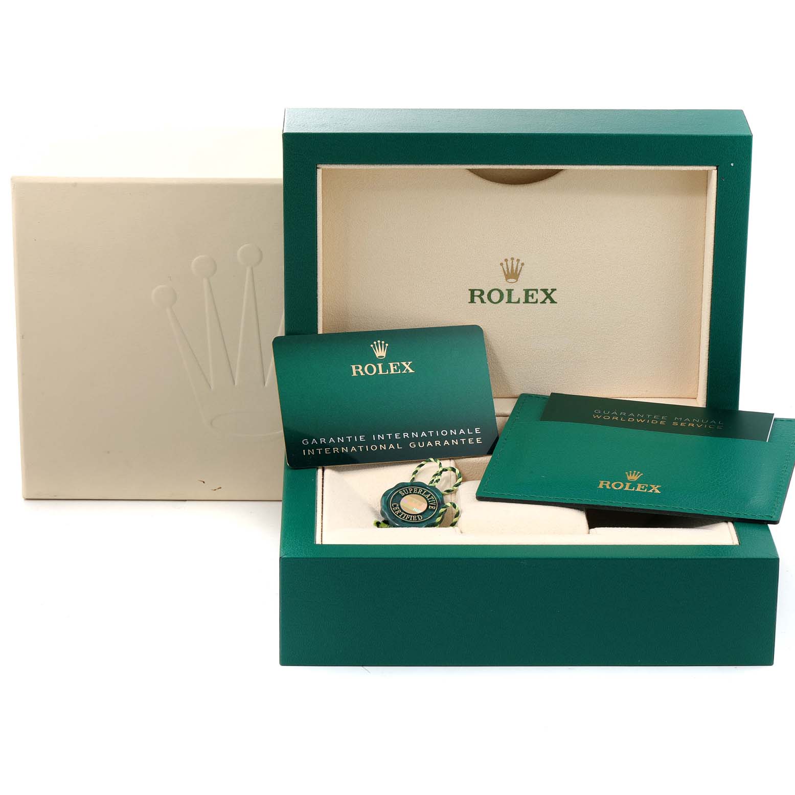 The image shows the packaging, warranty cards, manual, and accessories for a Rolex Yacht-Master 116681 Men's Stainless Steel White Dial 116681 Men's Stainless Steel White Dial.