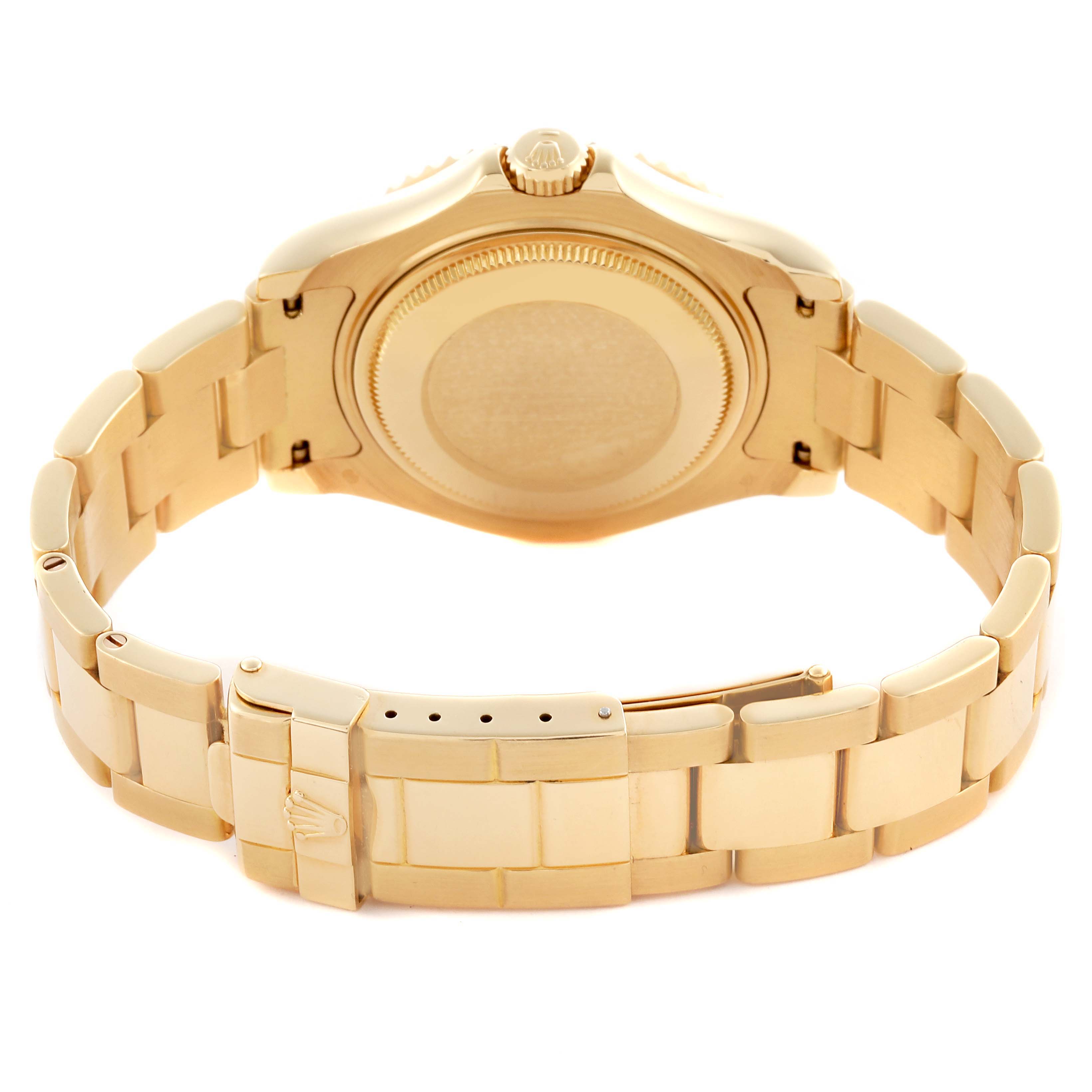 The image shows the back and clasp of a gold Rolex Yacht-Master 68628 Men's Yellow Gold White Dial 68628 Men's Yellow Gold White Dial watch, angled to display the bracelet and caseback.
