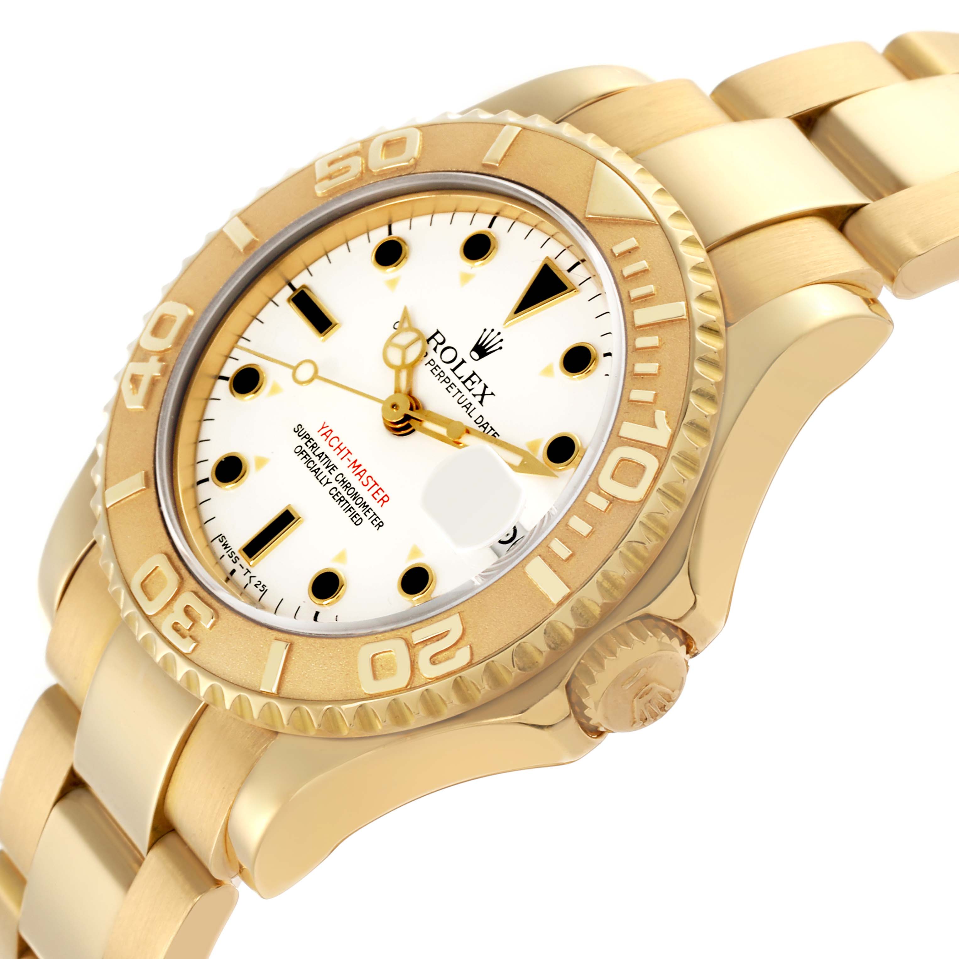 The Rolex Yacht-Master 68628 Men's Yellow Gold White Dial 68628 Men's Yellow Gold White Dial watch is shown at an angled side view, displaying the case, bezel, dial, watch crown, and bracelet.