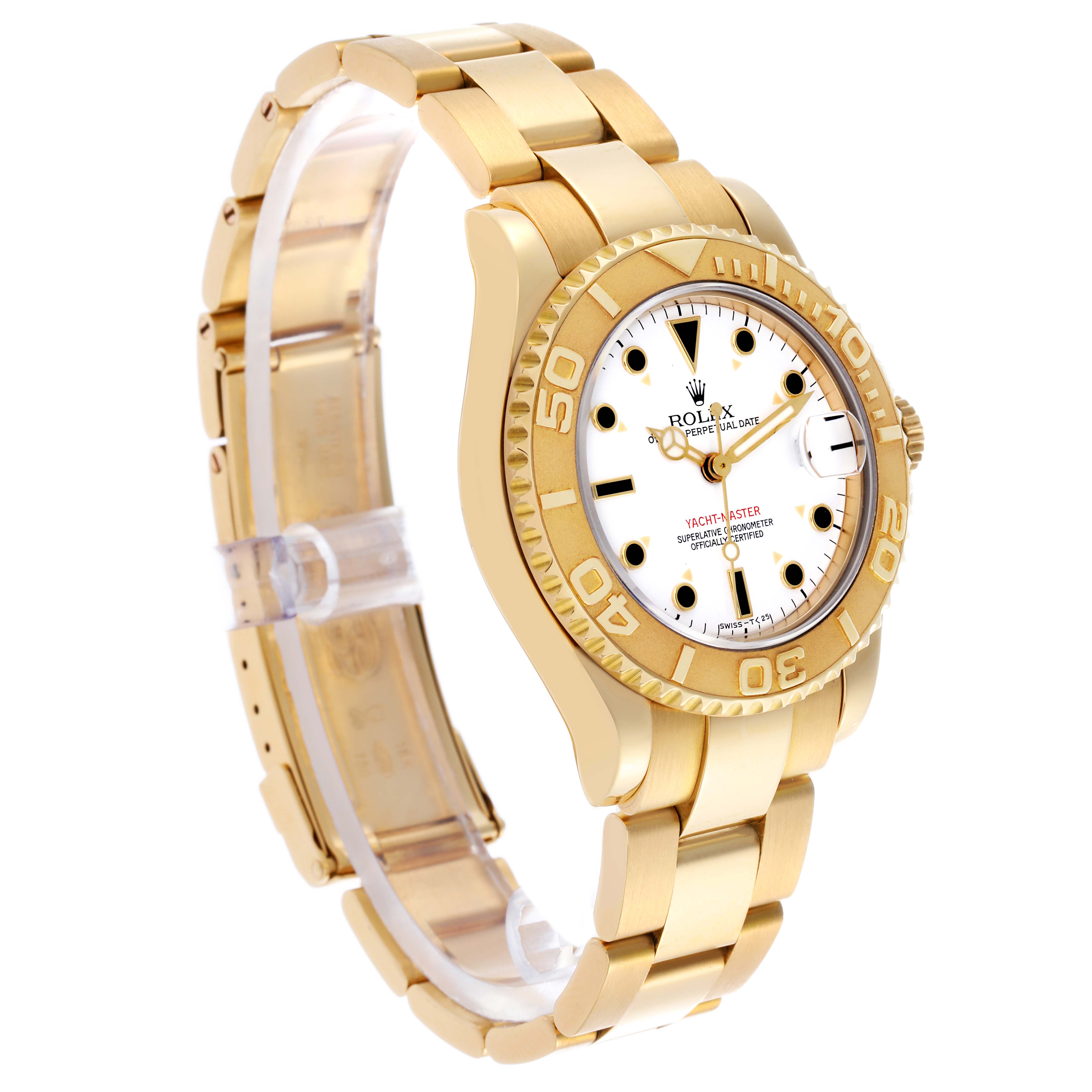 The Rolex Yacht-Master 68628 Men's Yellow Gold White Dial 68628 Men's Yellow Gold White Dial watch is shown at a three-quarter angle, highlighting its gold case, bezel, and bracelet.