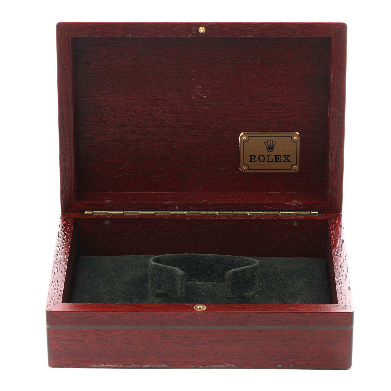 The image shows a wooden Rolex Yacht-Master 68628 Men's Yellow Gold White Dial 68628 Men's Yellow Gold White Dial watch box open, with a green cushion and a brass logo plate.