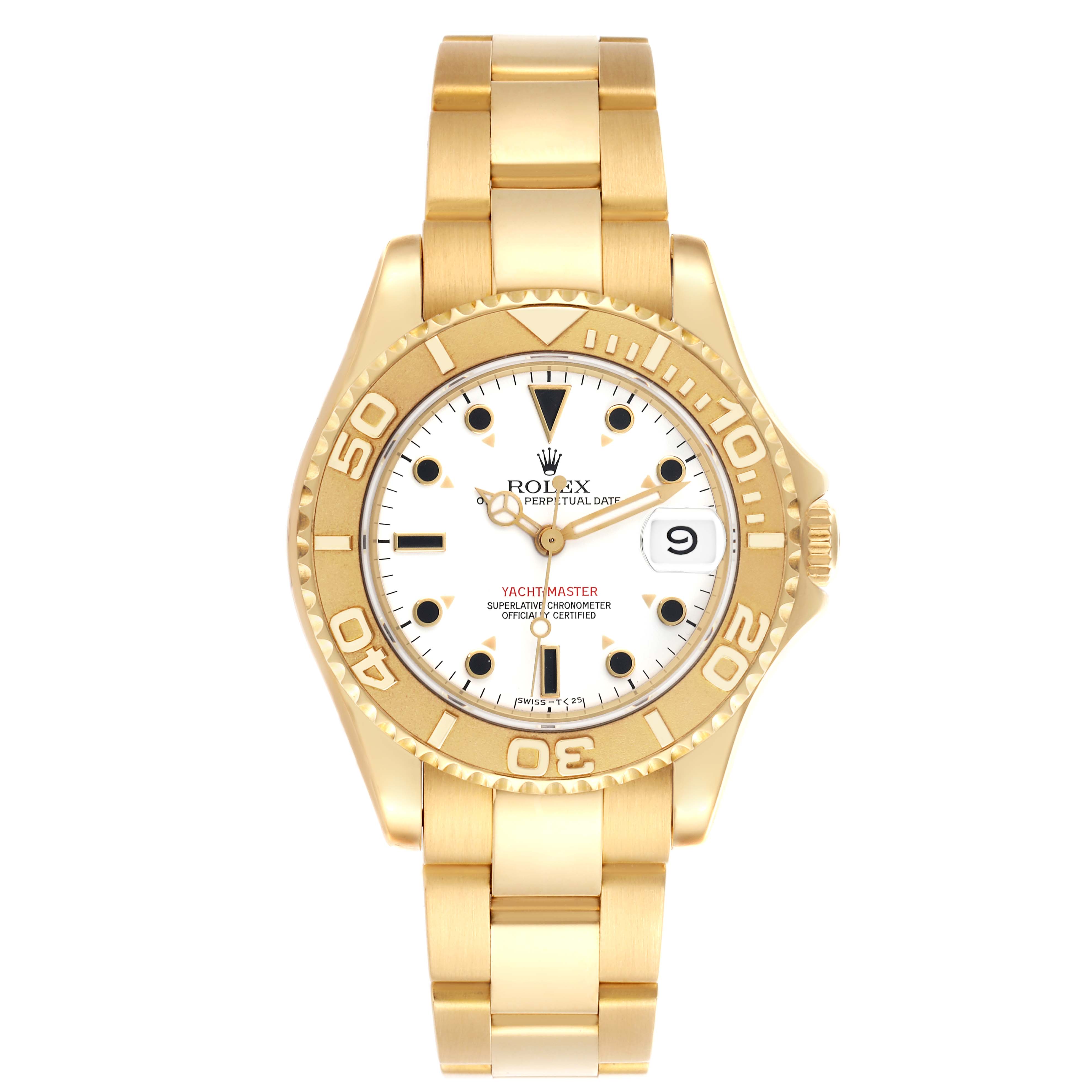 This Rolex Yacht-Master 68628 Men's Yellow Gold White Dial 68628 Men's Yellow Gold White Dial watch is shown from a top-down angle, displaying the face, bezel, and part of the bracelet.