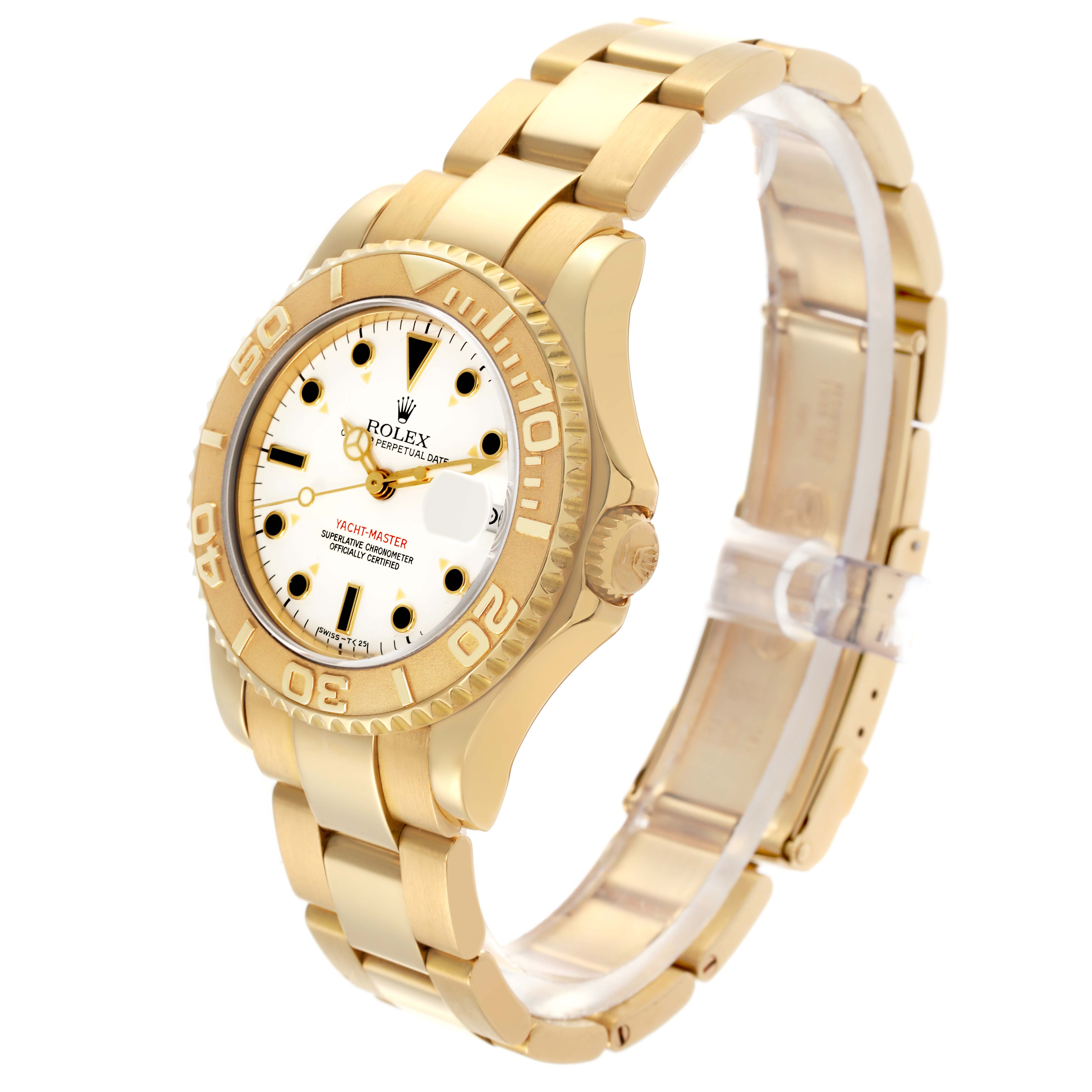 The Rolex Yacht-Master 68628 Men's Yellow Gold White Dial 68628 Men's Yellow Gold White Dial watch is shown from an angled side view, displaying the dial, bezel, and bracelet.